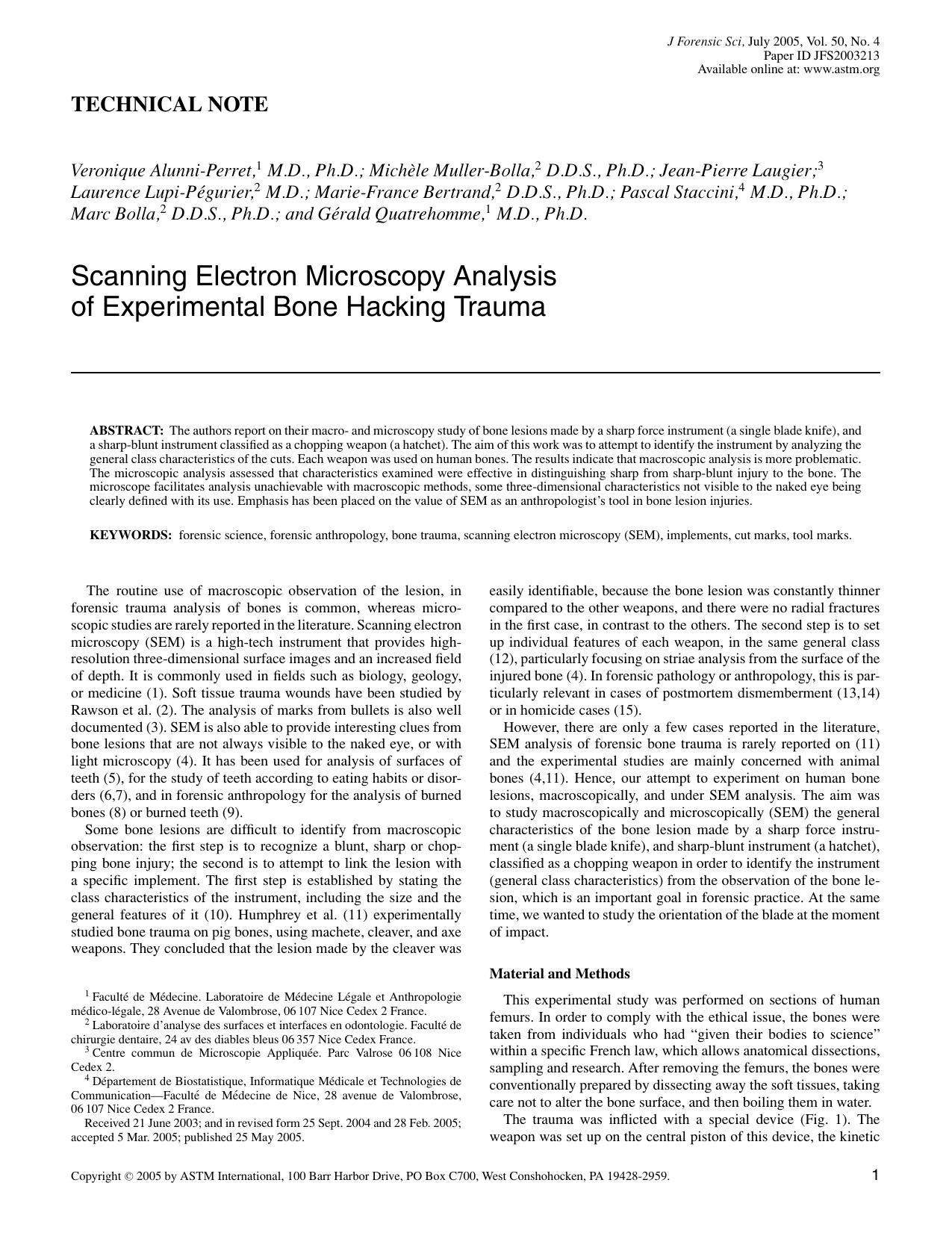 Scanning electron microscopy analysis of experimental bone hacking trauma by unknow