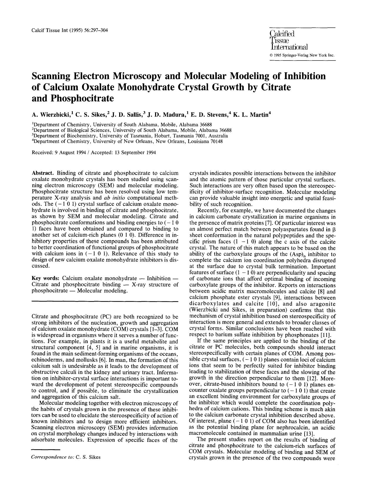 Scanning electron microscopy and molecular modeling of inhibition of calcium oxalate monohydrate crystal growth by citrate and phosphocitrate by Unknown
