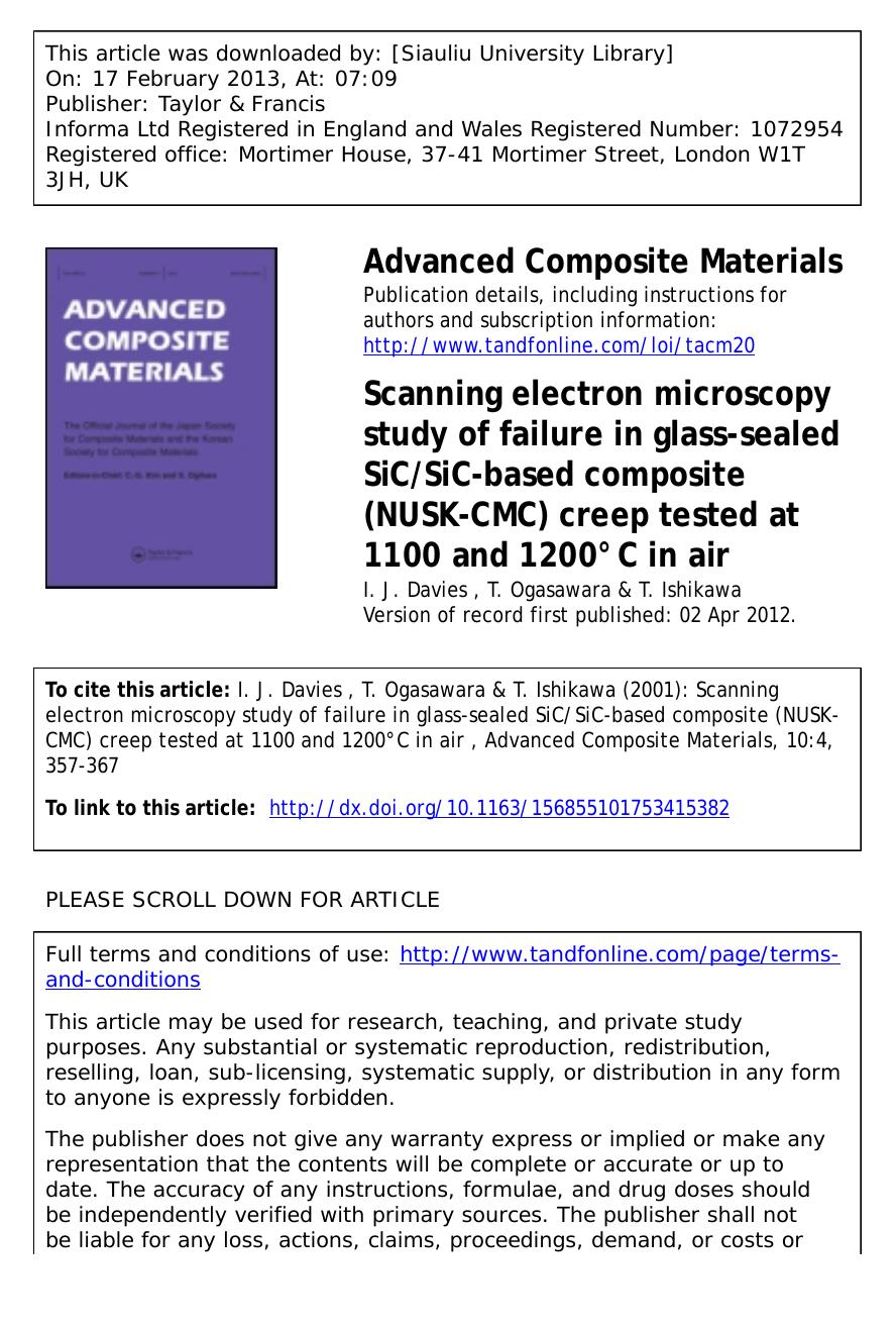 Scanning electron microscopy study of failure in glass-sealed SiCSiC-based composite (NUSK-CMC) creep tested at 1100 and 1200°C in air by I. J. Davies T. Ogasawara & T. Ishikawa