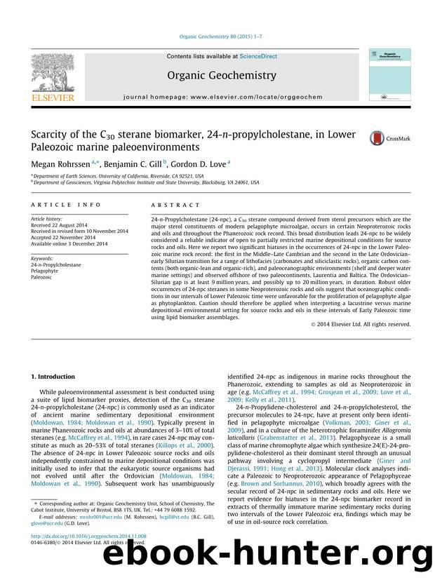Scarcity of the C30 sterane biomarker, 24-n-propylcholestane, in Lower Paleozoic marine paleoenvironments by Megan Rohrssen & Benjamin C. Gill & Gordon D. Love