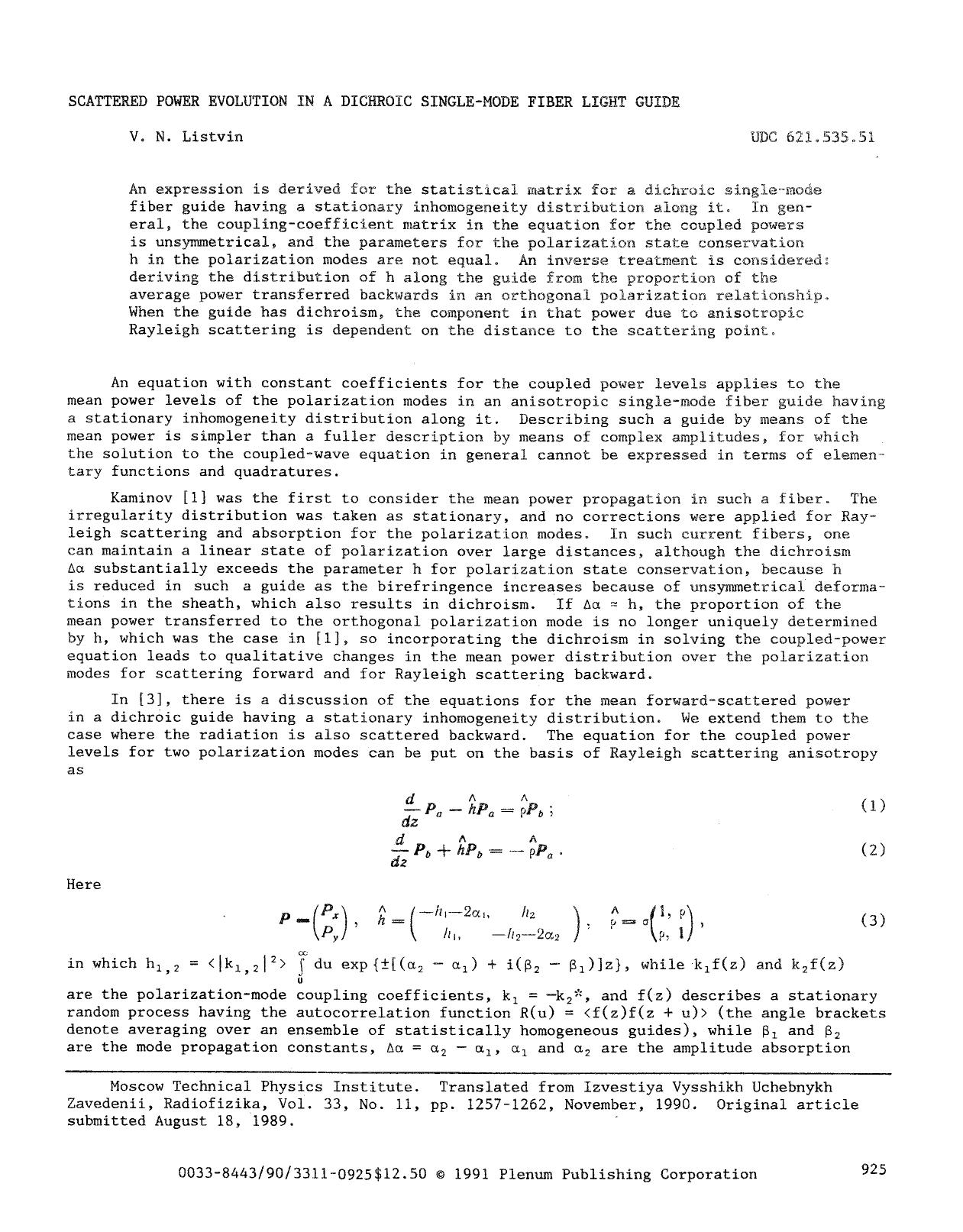 Scattered power evolution in a dichroic single-mode fiber light guide by Unknown