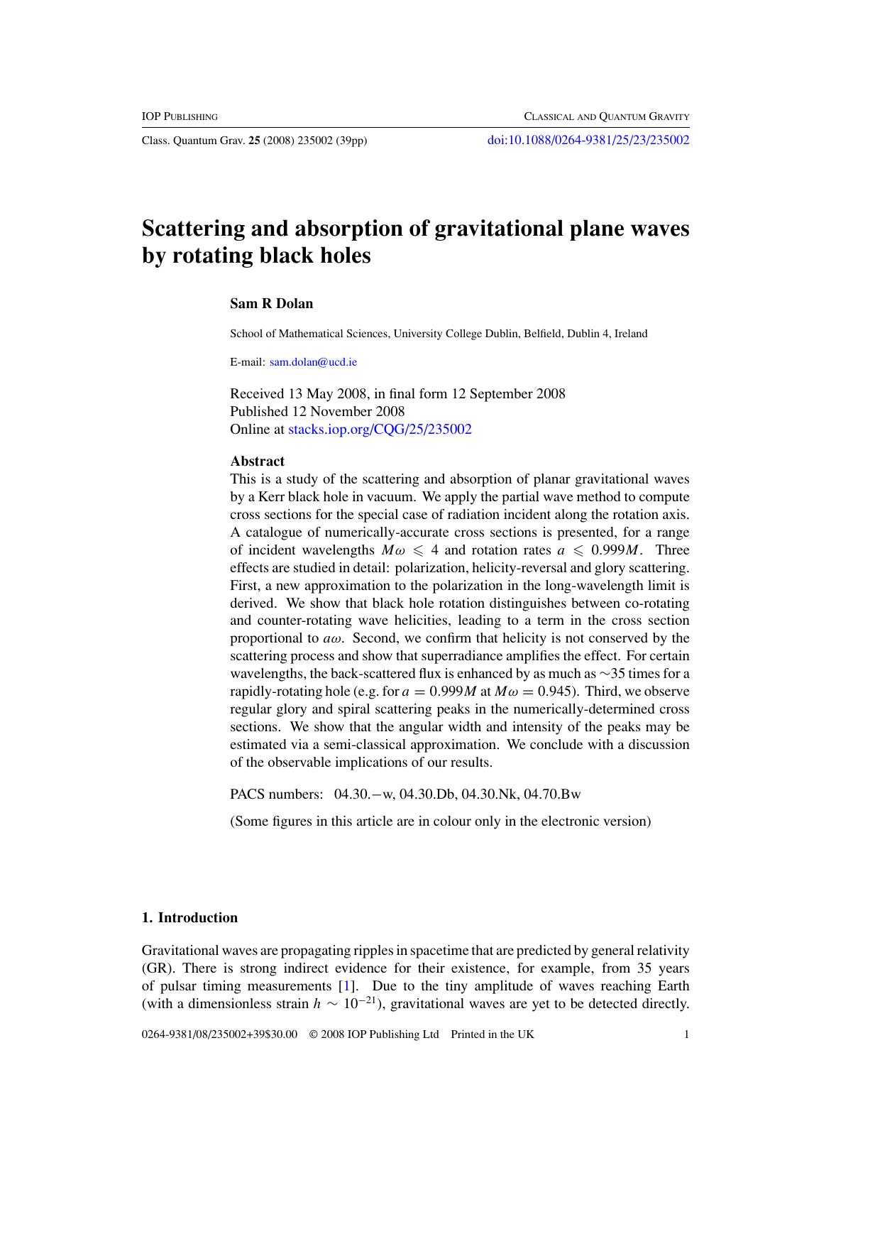 Scattering and absorption of gravitational plane waves by rotating black holes by S R Dolan