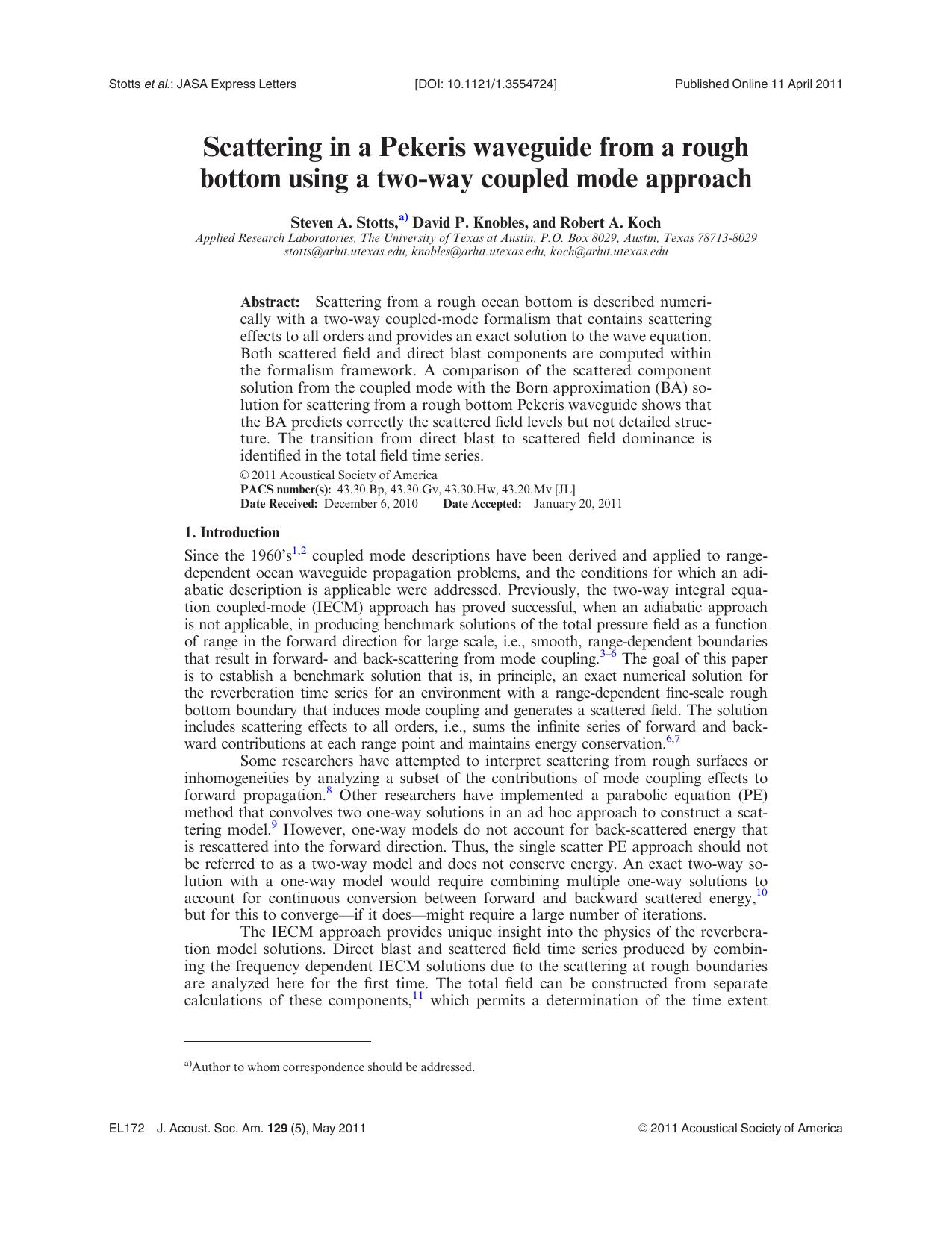 Scattering in a Pekeris waveguide from a rough bottom using a two-way coupled mode approach by Steven A. Stotts David P. Knobles and Robert A. Koch