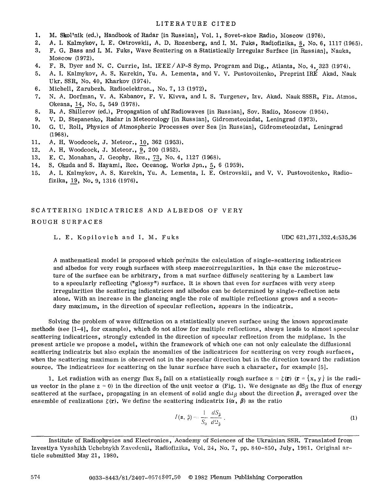 Scattering indicatrices and albedos of very rough surfaces by Unknown