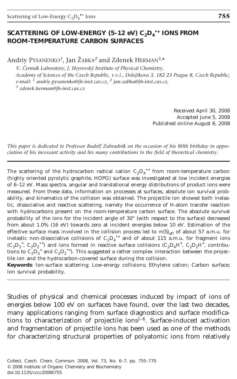 Scattering of Low-Energy (5-12 eV) C2D4Å+ Ions from Room-Temperature Carbon Surfaces by Andriy Pysanenko Jan Zabka & Zdenek Herman