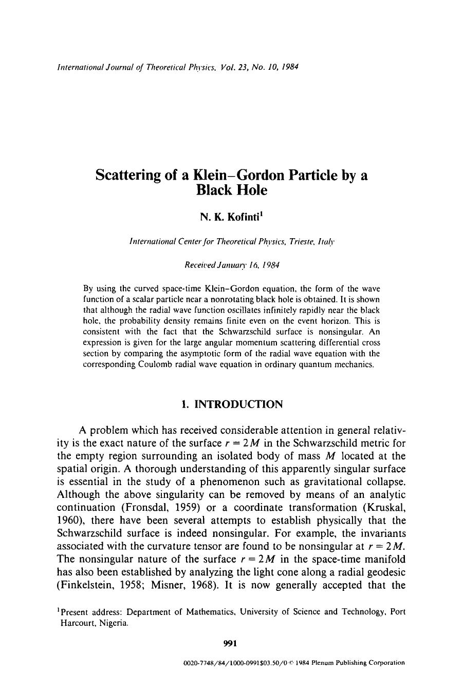 Scattering of a Klein-Gordon particle by a black hole by Unknown