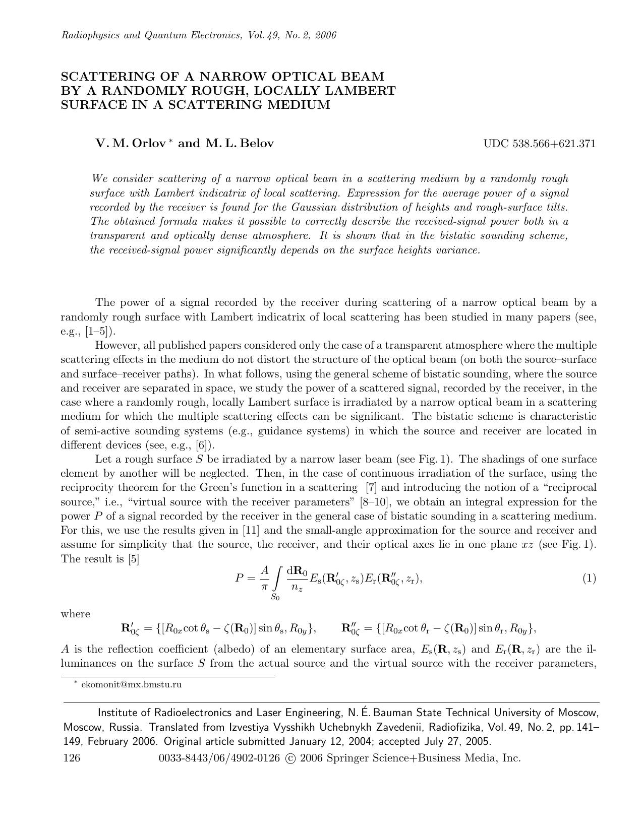 Scattering of a narrow optical beam by a randomly rough, locally Lambert surface in a scattering medium by Unknown
