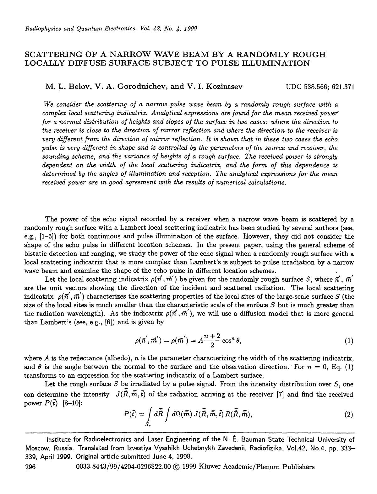 Scattering of a narrow wave beam by a randomly rough locally diffuse surface subject to pulse illumination by Unknown