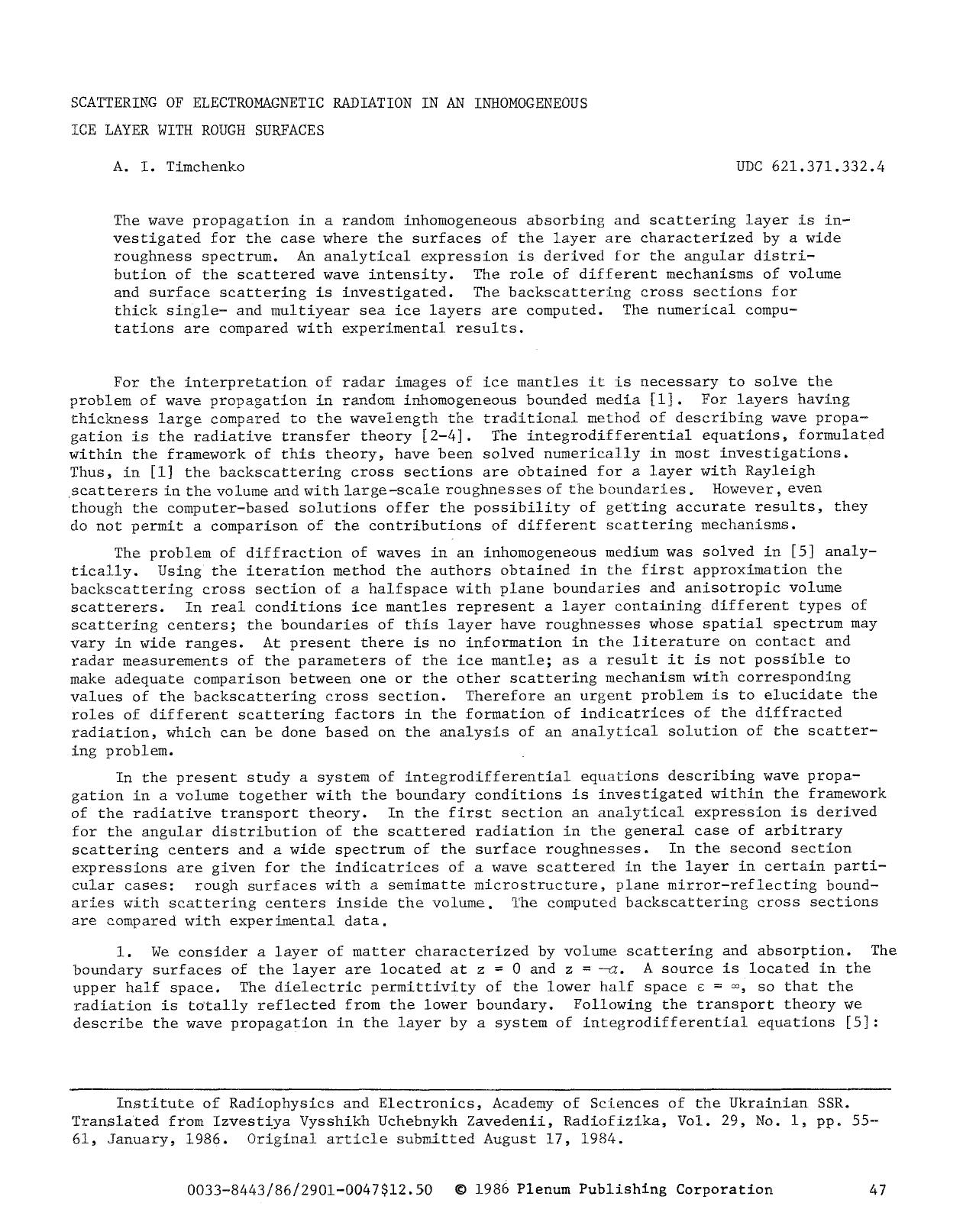 Scattering of electromagnetic radiation in an inhomogeneous ice layer with rough surfaces by Unknown