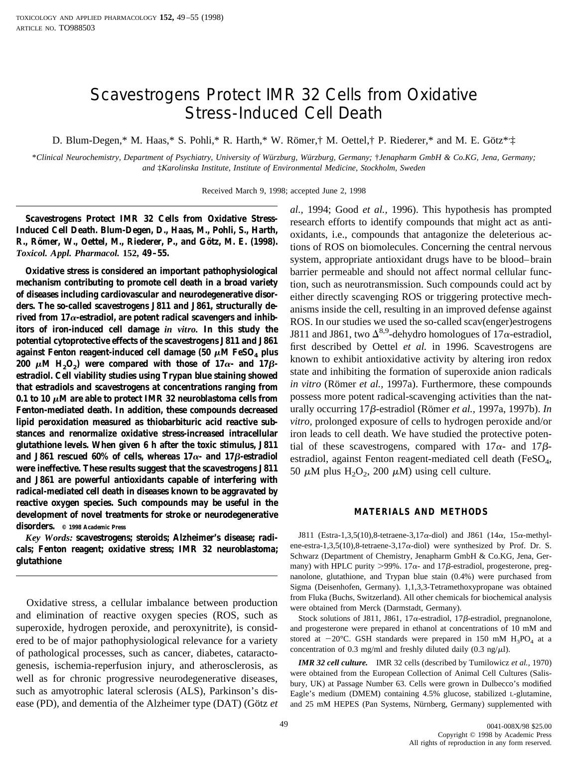 Scavestrogens Protect IMR 32 Cells from Oxidative Stress-Induced Cell Death by Blum-Degen D. et al