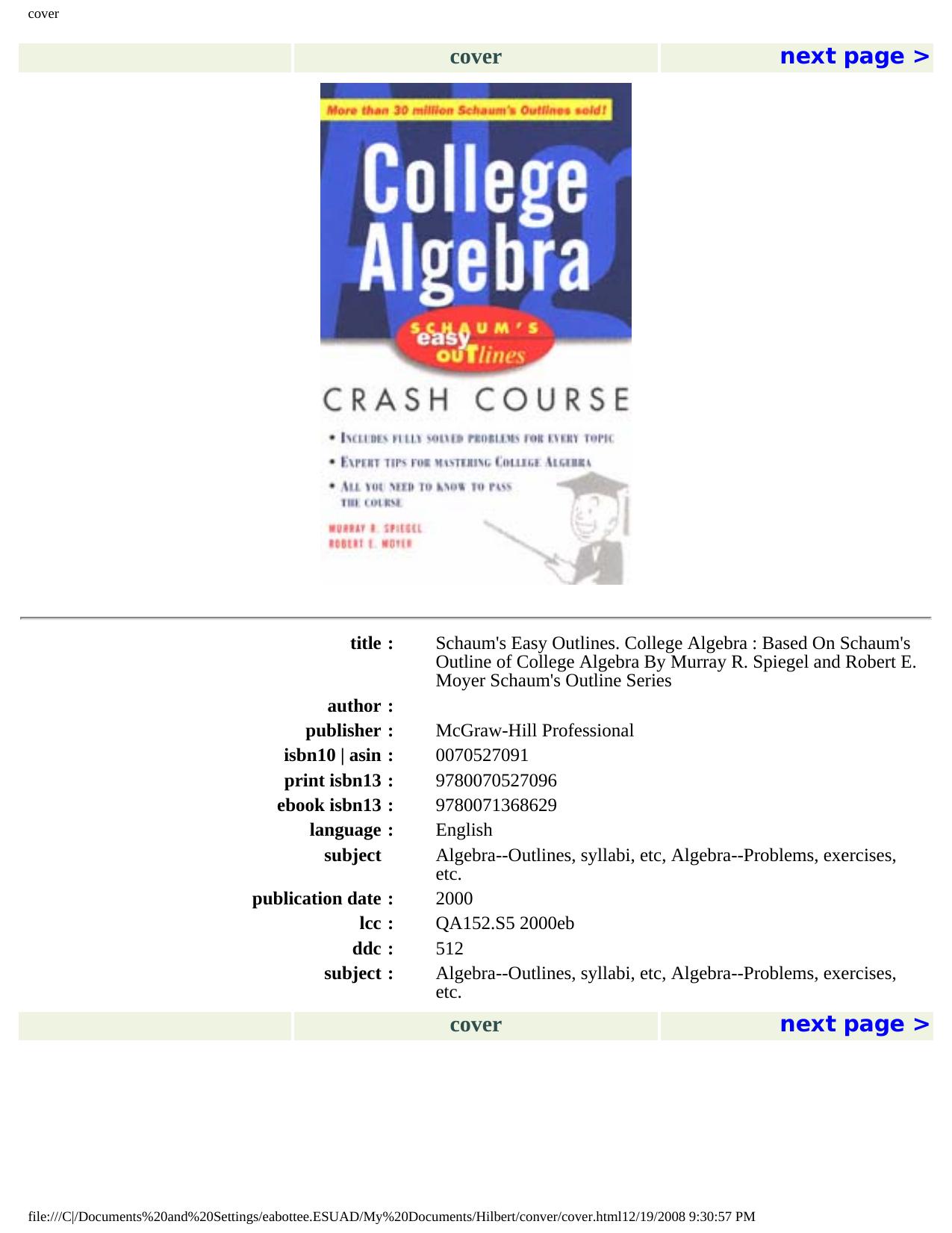 Schaum's Easy Outline: College Algebra by Murray R Spiegel Robert Moyer