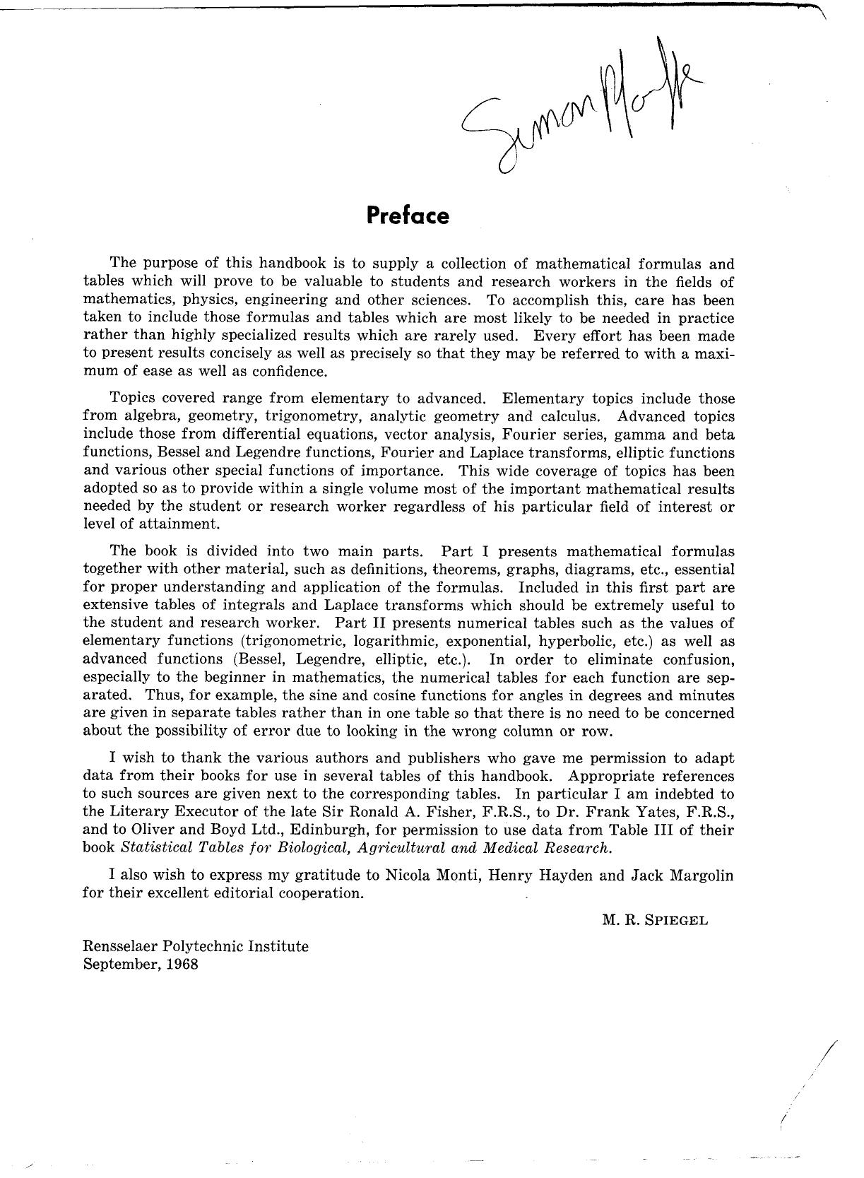 Schaums Mathematical Handbook of Formulas and Tables-M Spiegel by Unknown