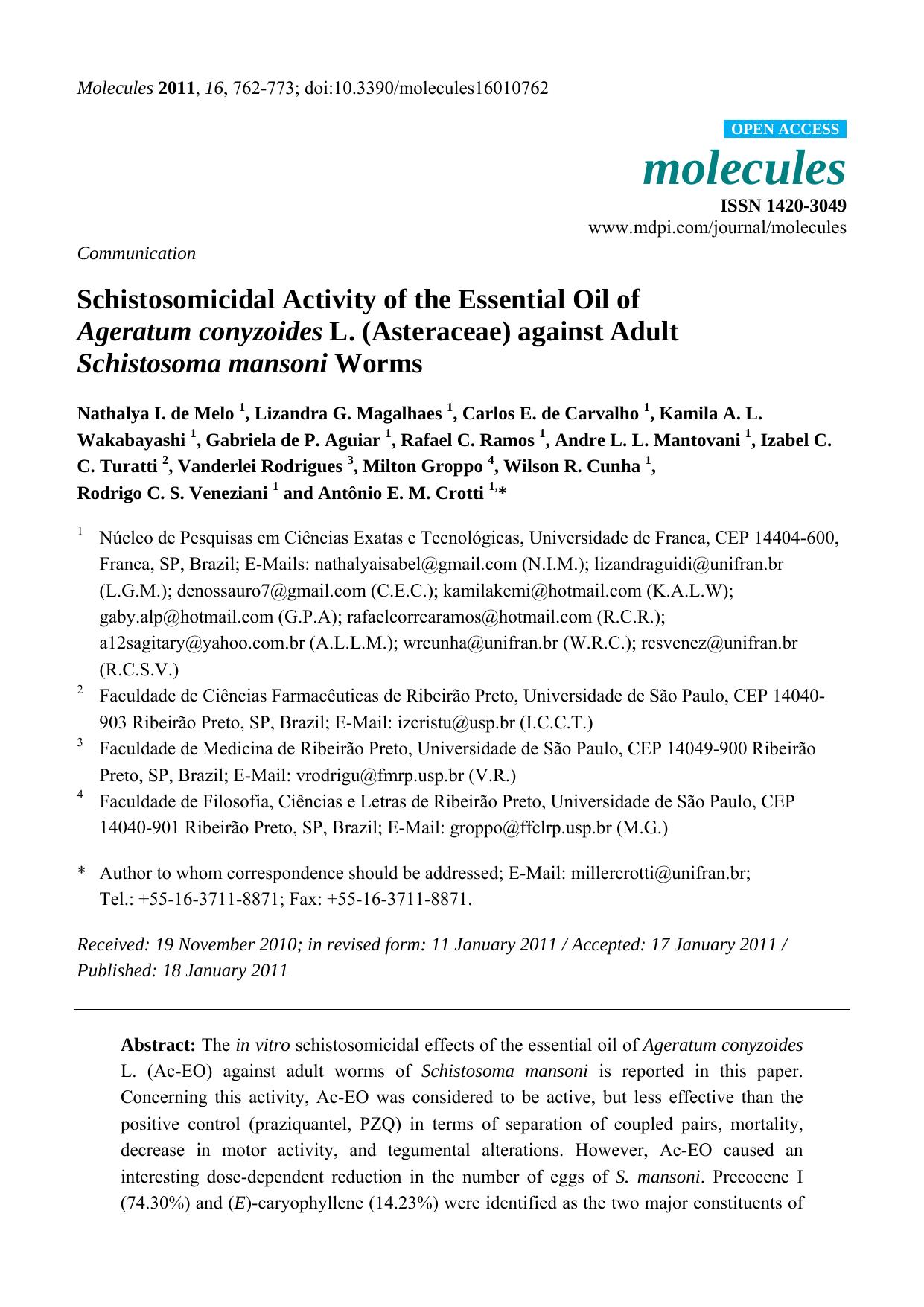 Schistosomicidal Activity of the Essential Oil of Ageratum conyzoides L. (Asteraceae) against Adult Schistosoma mansoni Worms by unknow