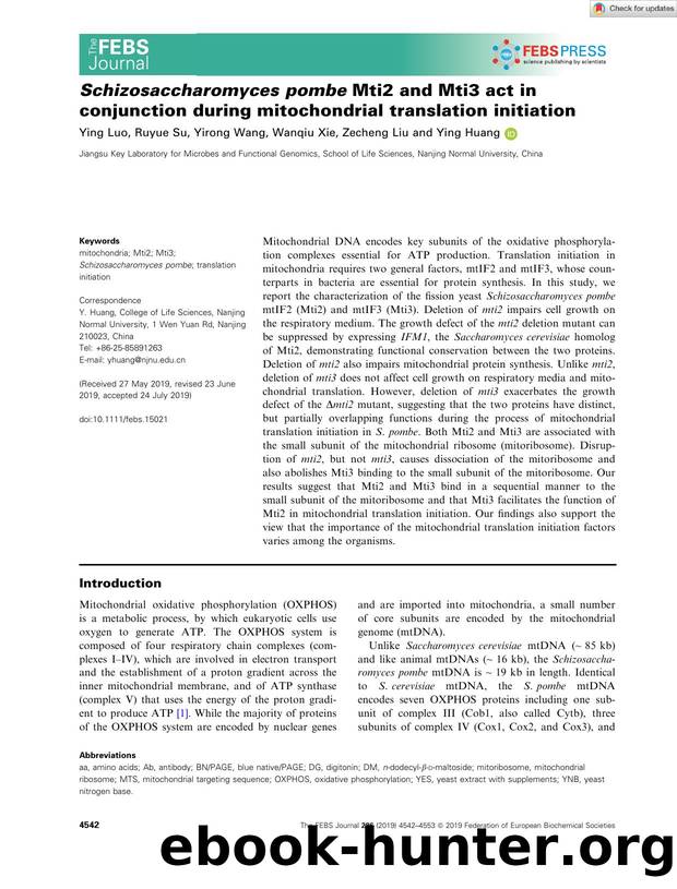 SchizosaccharomycesÂ pombe Mti2 and Mti3 act in conjunction during mitochondrial translation initiation by Unknown