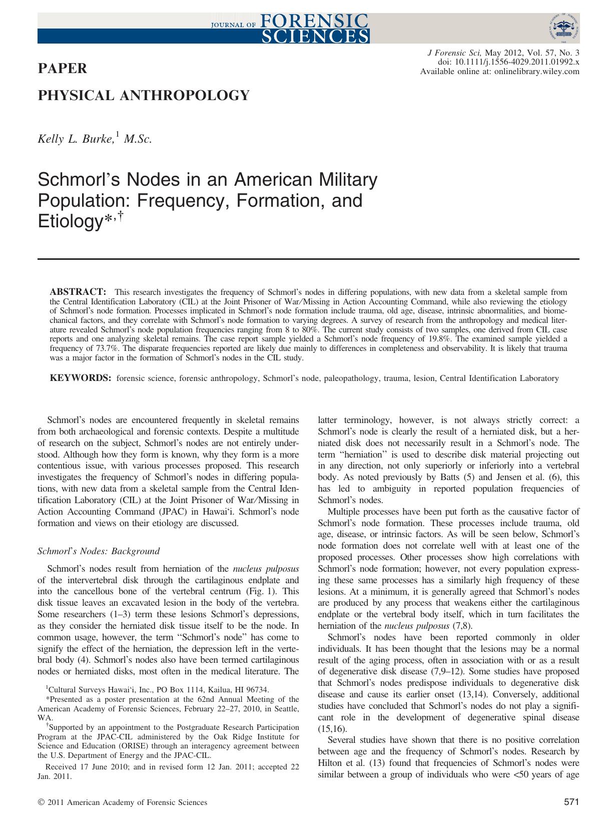 Schmorls Nodes in an American Military Population: Frequency, Formation, and Etiology, by Unknown