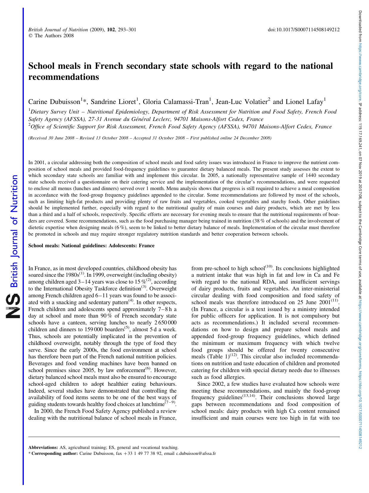School meals in French secondary state schools with regard to the national recommendations by Carine Dubuisson Sandrine Lioret Gloria Calamassi-Tran Jean-Luc Volatier Lionel Lafay