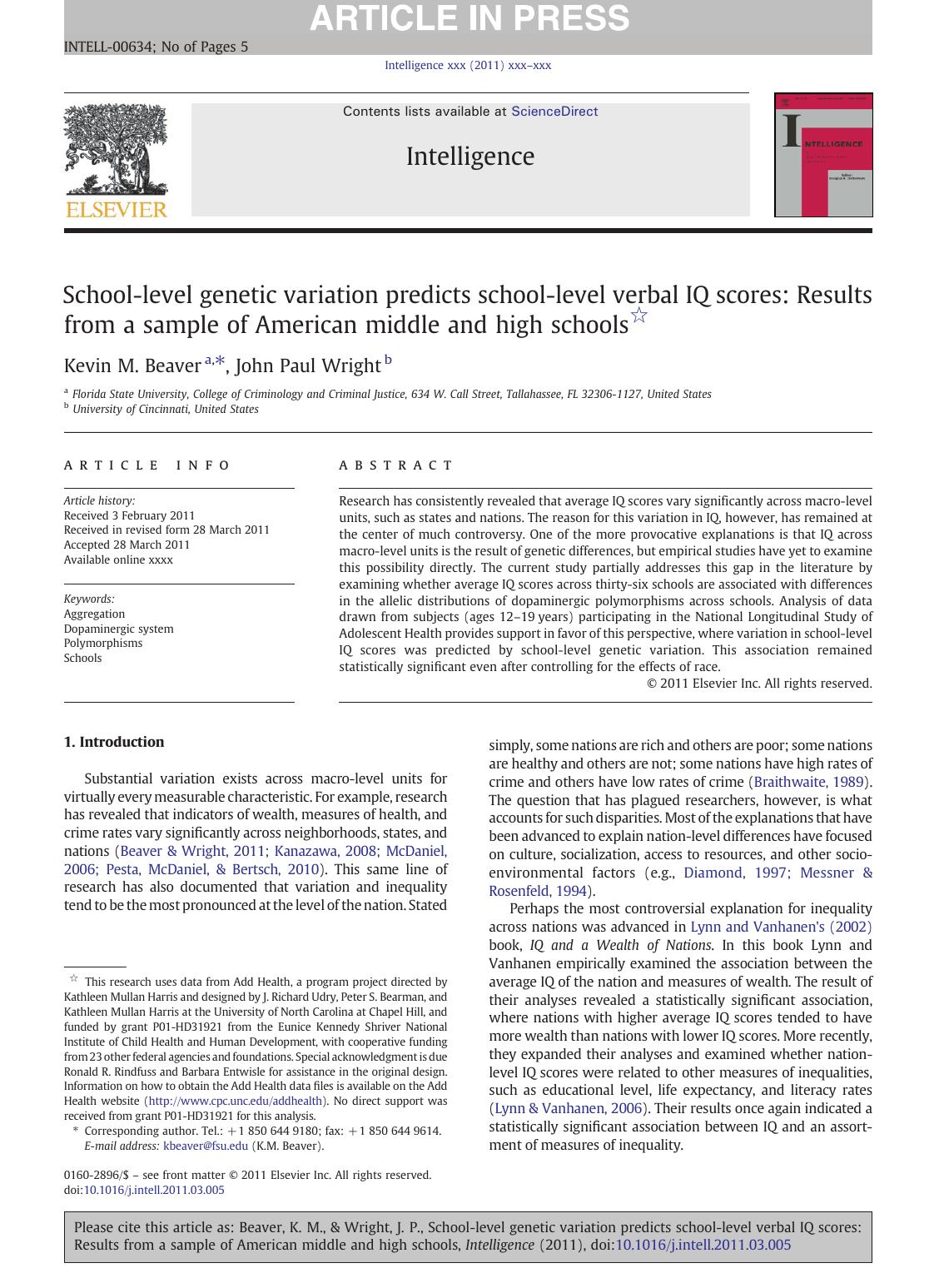 School-level genetic variation predicts school-level verbal IQ scores: Results from a sample of American middle and high schools by Kevin M. Beaver & John Paul Wright