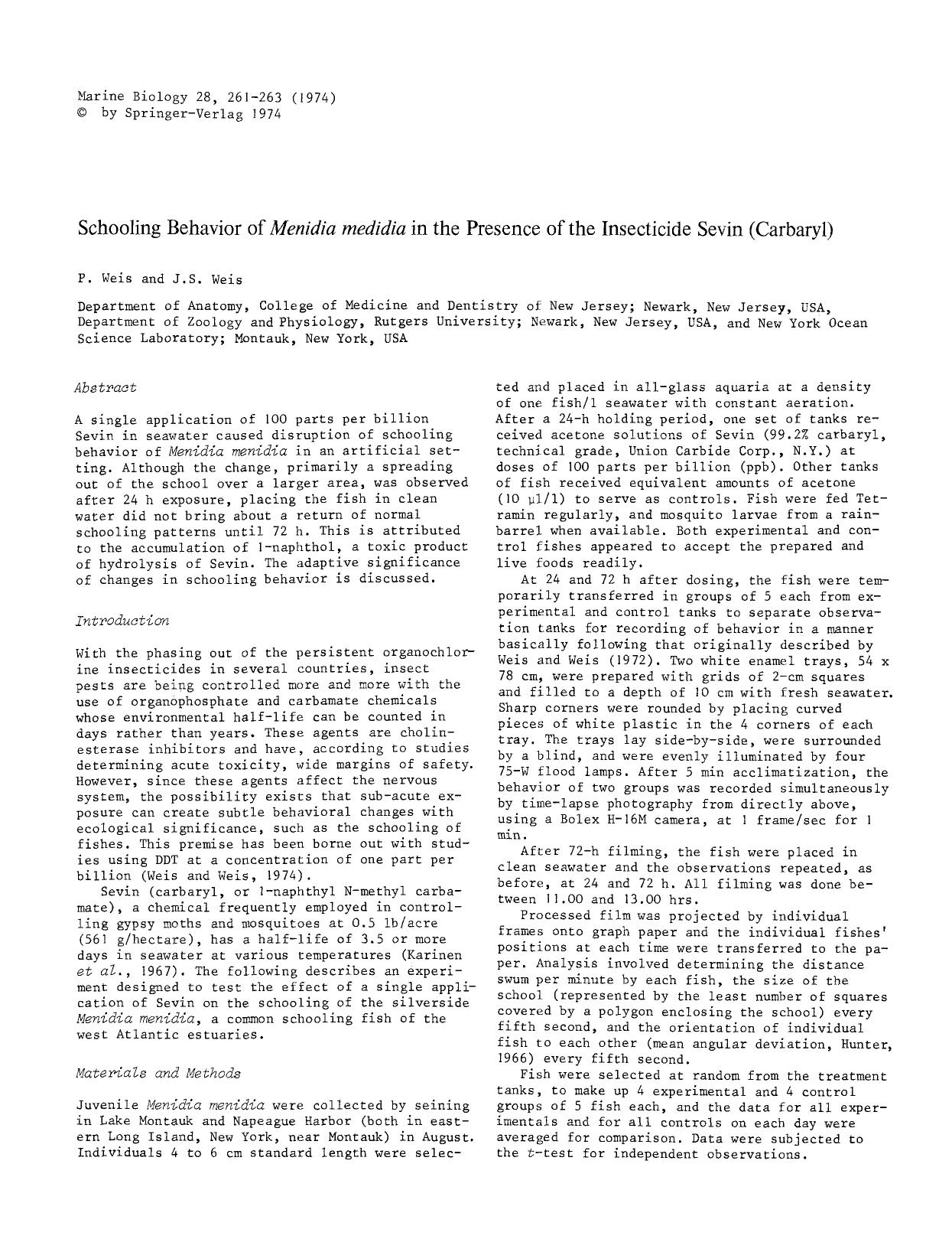 Schooling behavior of <Emphasis Type="Italic">Menidia medidia<Emphasis> in the presence of the insecticide Sevin (Carbaryl) by Unknown