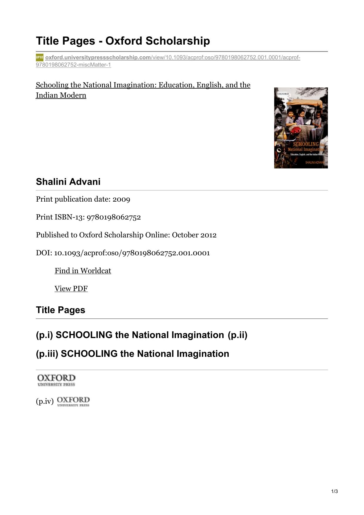 Schooling the National Imagination: Education, English, and the Indian Modern by Shalini Advani