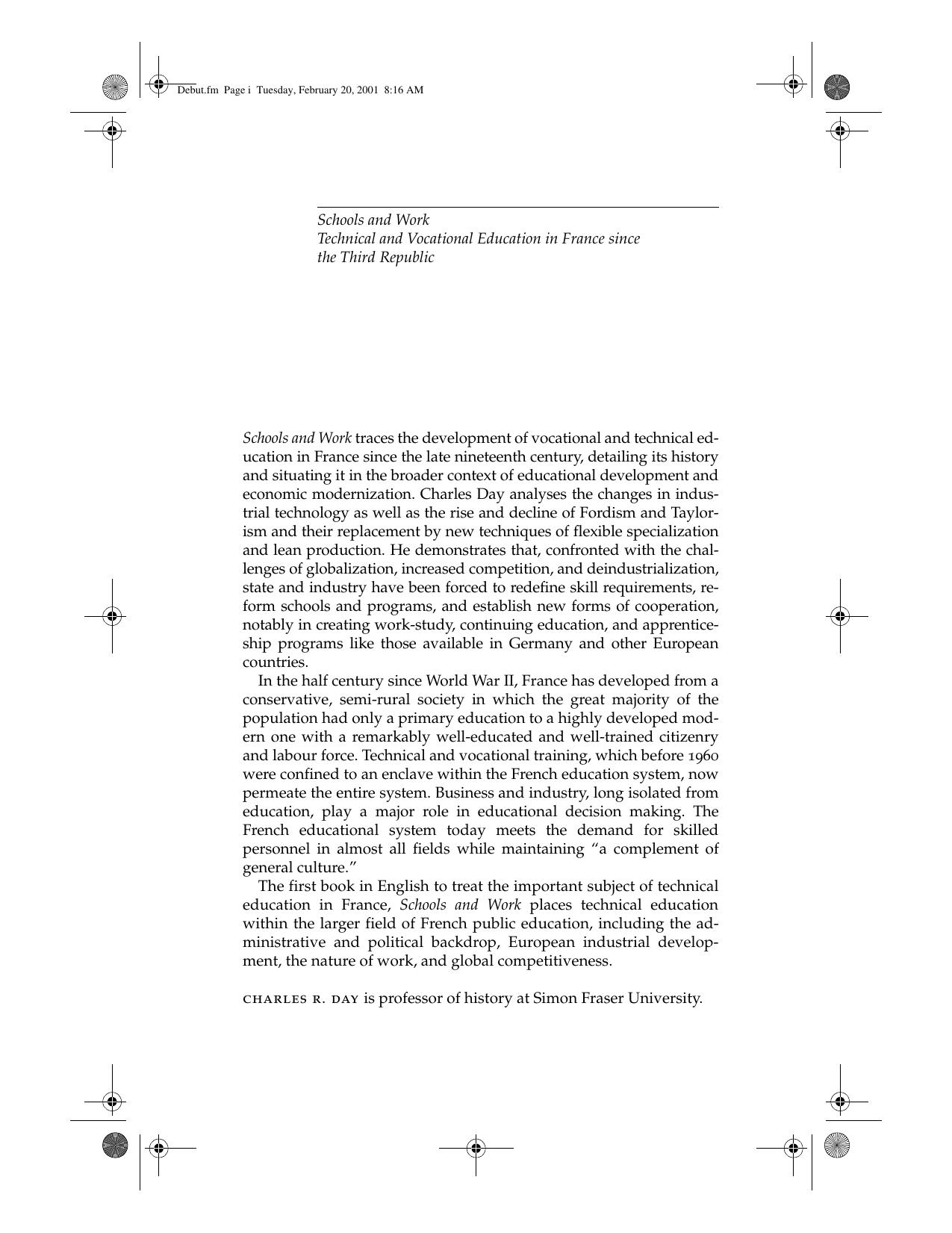 Schools and Work : Technical and Vocational Education in France since the Third Republic by Charles Day