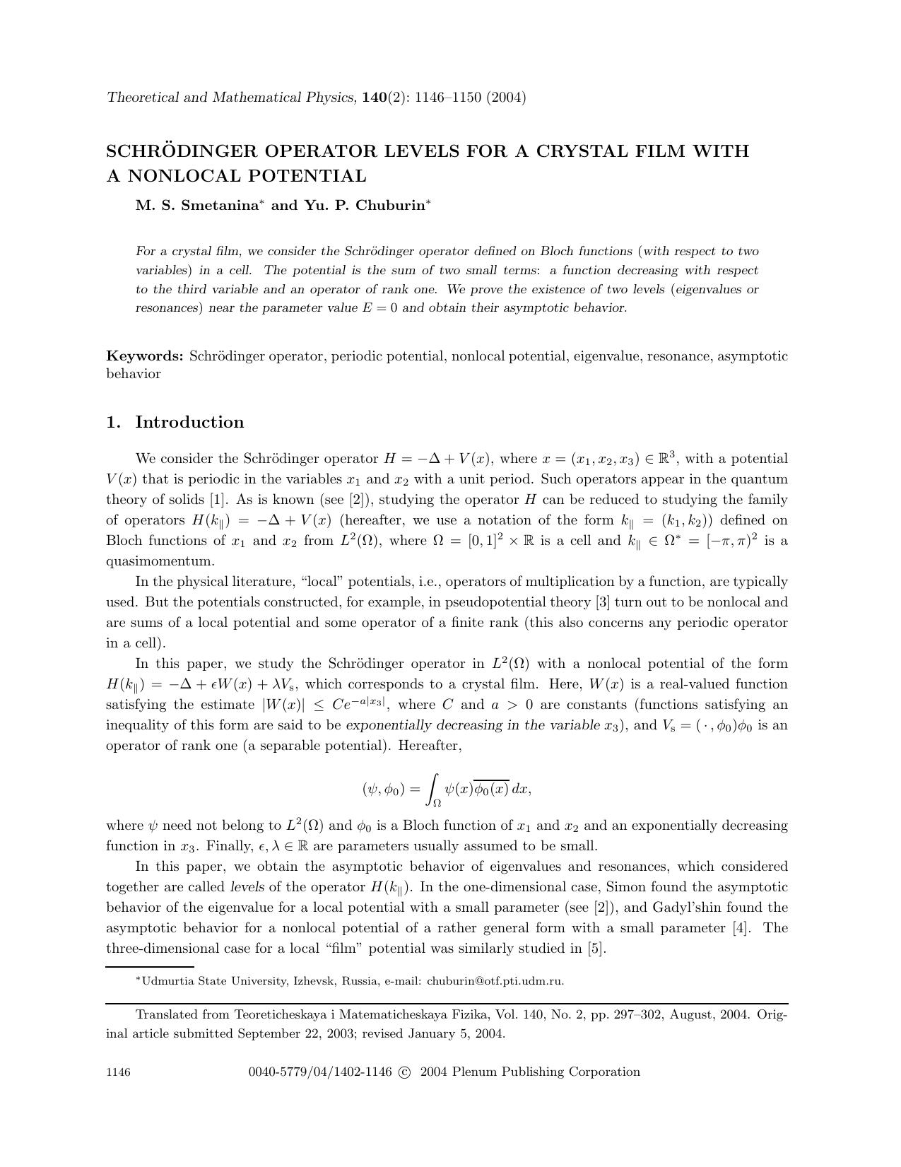 Schrödinger Operator Levels for a Crystal Film with a Nonlocal Potential by Unknown