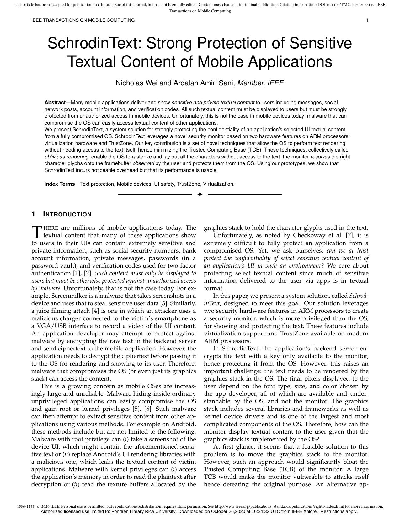SchrodinText: Strong Protection of Sensitive Textual Content of Mobile Applications by Unknown