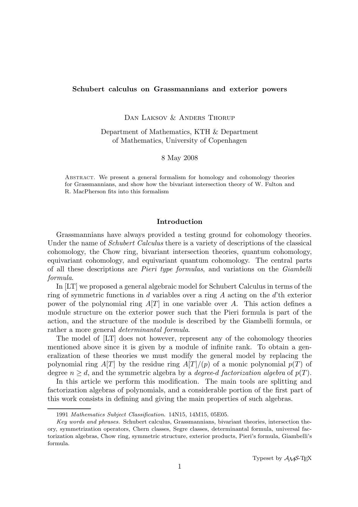 Schubert calculus on Grassmannians and exterior powers by Dan Laksov Anders Thorup