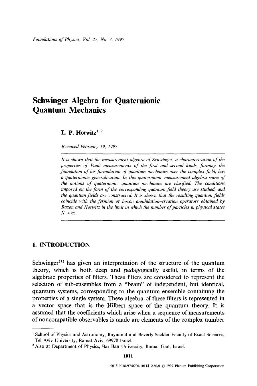 Schwinger algebra for quaternionic quantum mechanics by Unknown