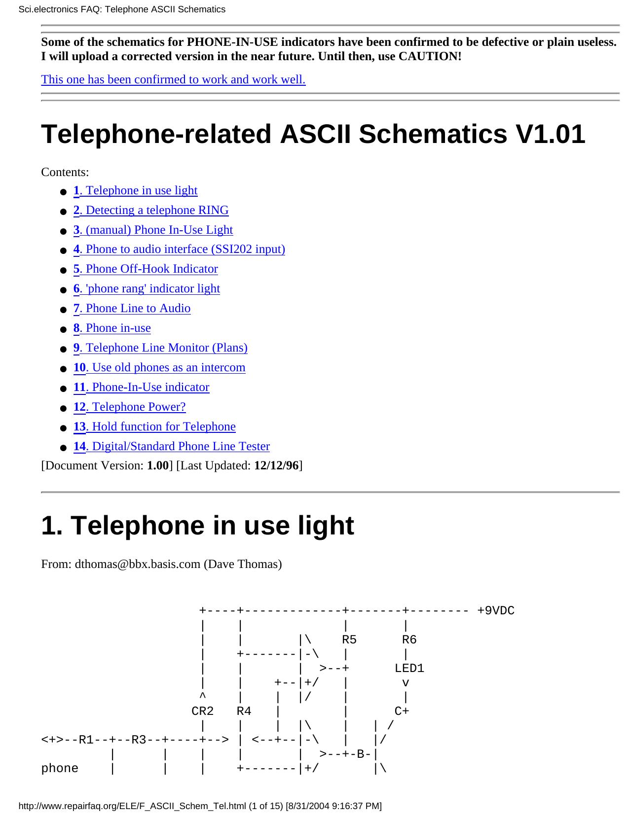 Sci.electronics FAQ: Telephone ASCII Schematics by Unknown