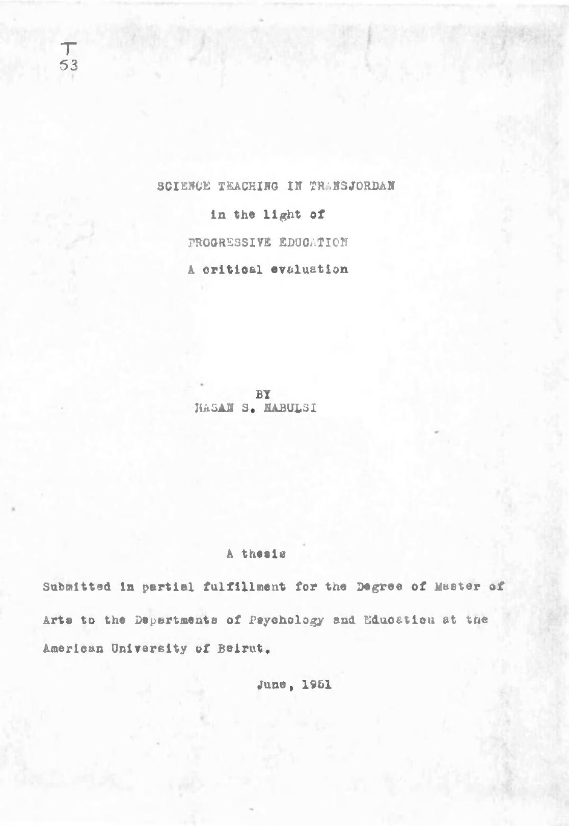 Science Teaching in Transjordan in the Light of Progressive Education a Critical Evaluation by Nabulsi Hasan S