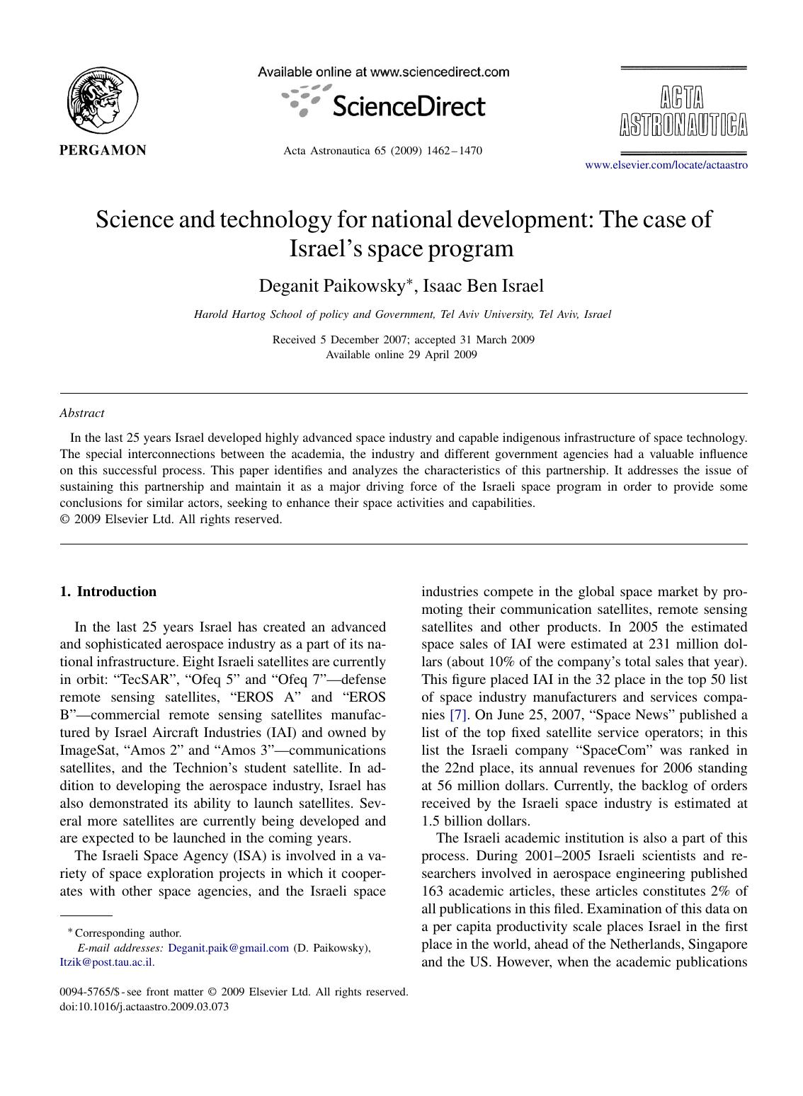 Science and technology for national development The case of Israel's space program by Deganit Paikowsky; Isaac Ben Israel