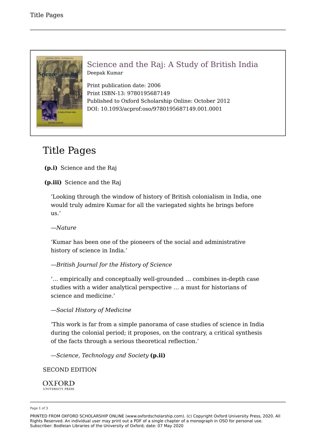 Science and the Raj: A Study of British India by Deepak Kumar