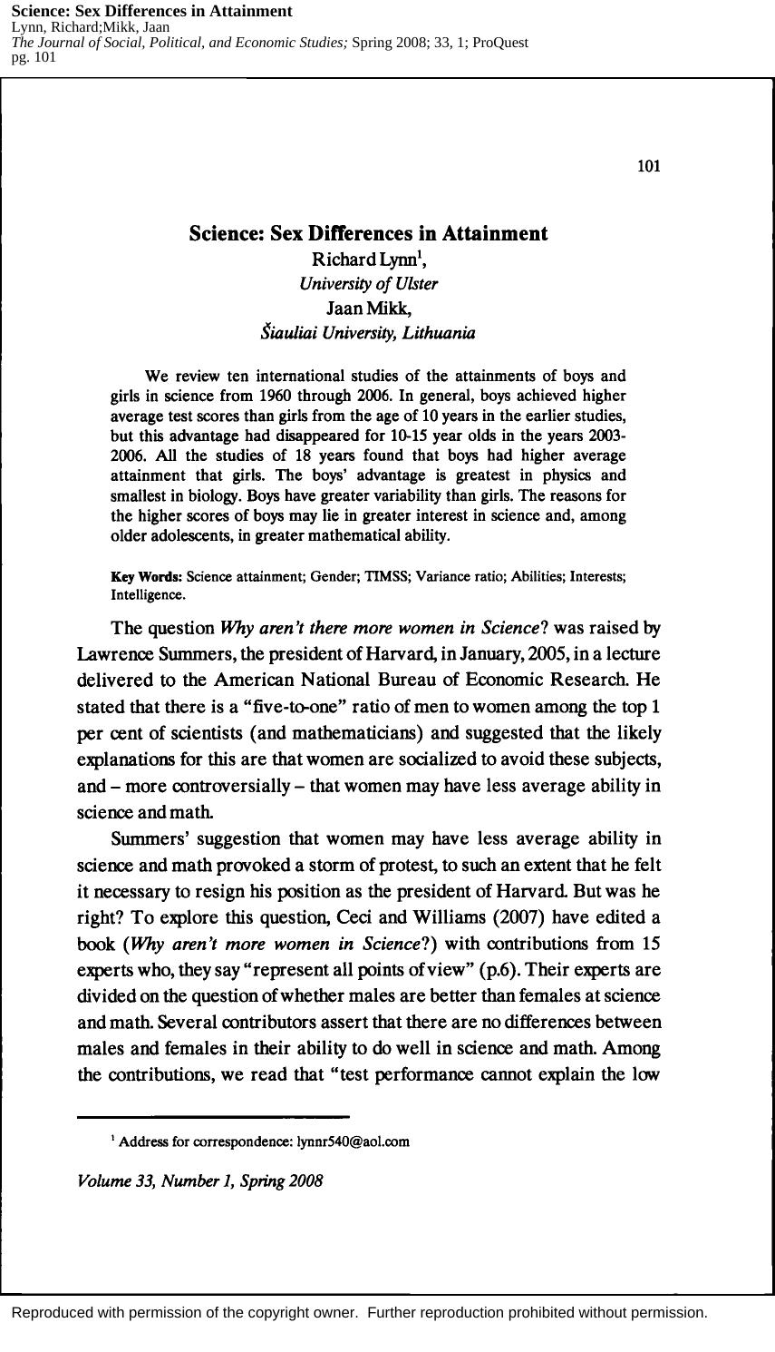 Science by Sex Differences in Attainment (2008) by Richard Lynn & Jaan Mikk