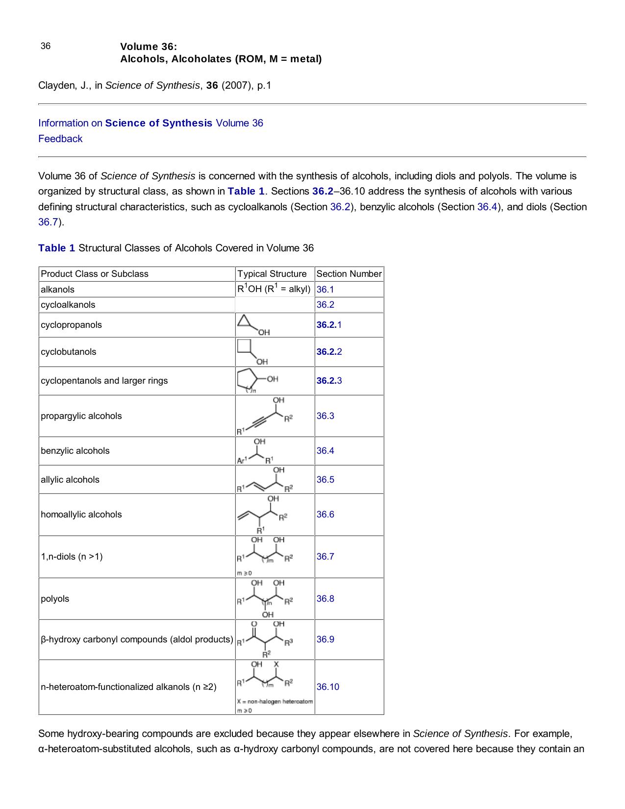Science of synthesis : Houben-Weyl methods of molecular transformations. Compounds with One Saturated Carbon Heteroatom Bond. Alcohols by Clayden J. (ed.)