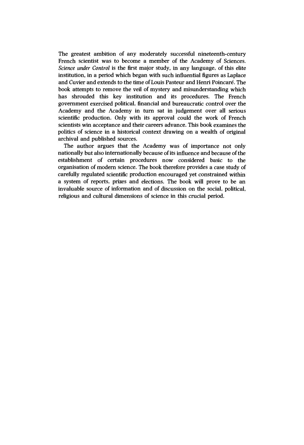 Science under Control: The French Academy of Sciences 1795-1914 by Maurice Crosland
