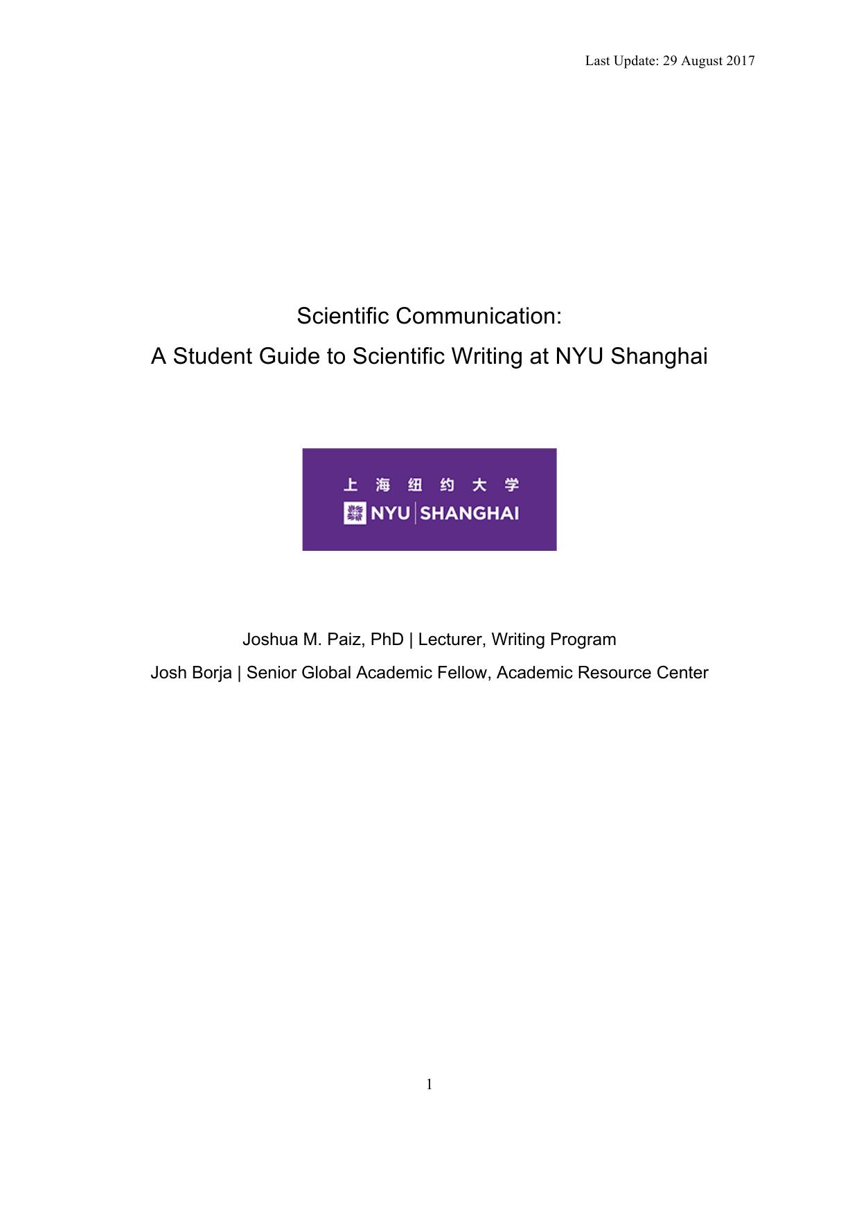 Scientific Communication: A Student Guide to Scientific Writing at NYU Shanghai by Joshua M. Paiz