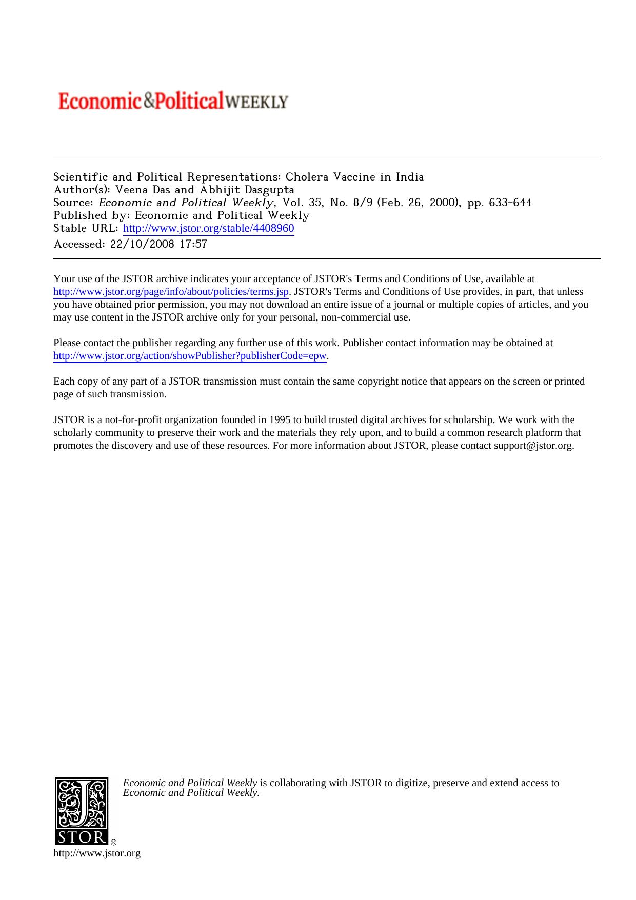 Scientific and Political Representations: Cholera Vaccine in India by Cholera Vaccine in India