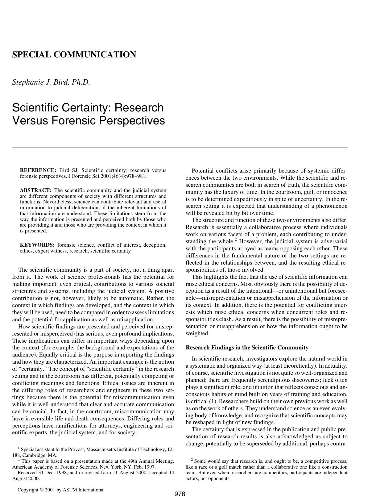 Scientific certainty: research versus forensic perspectives by Bird SJ