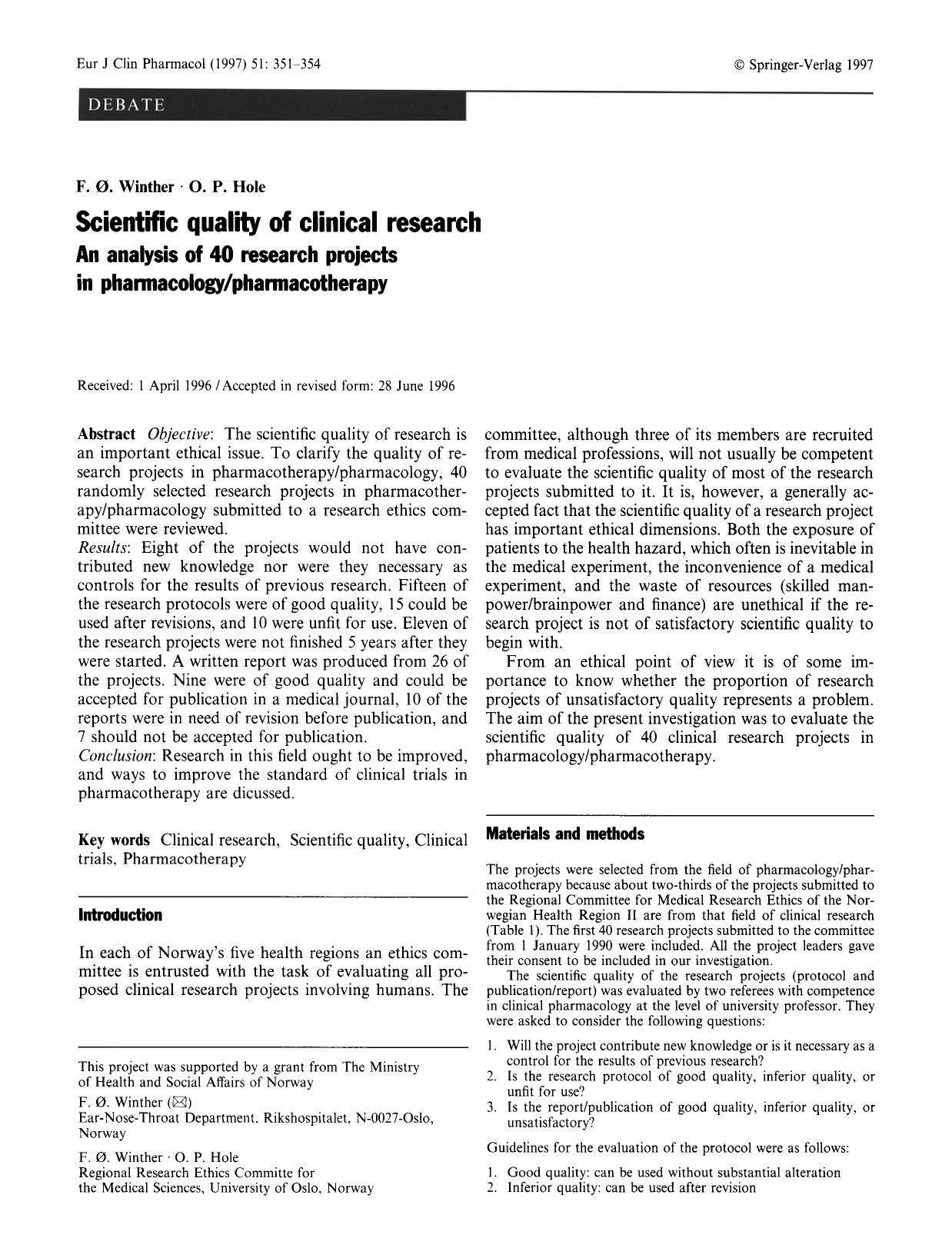 Scientific quality of clinical research an analysis of 40 research projects in pharmacologypharmacotherapy by Unknown
