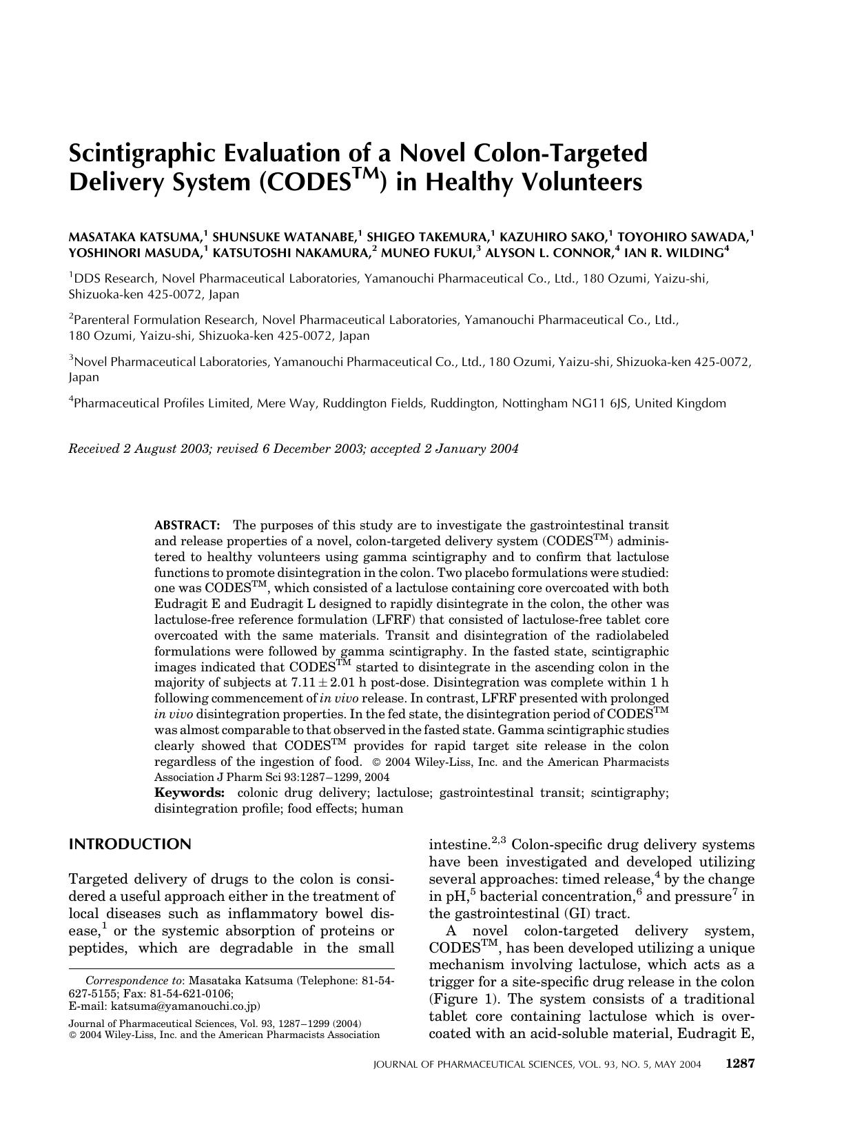 Scintigraphic evaluation of a novel colon-targeted delivery system (CODESTM) in healthy volunteers by Unknown
