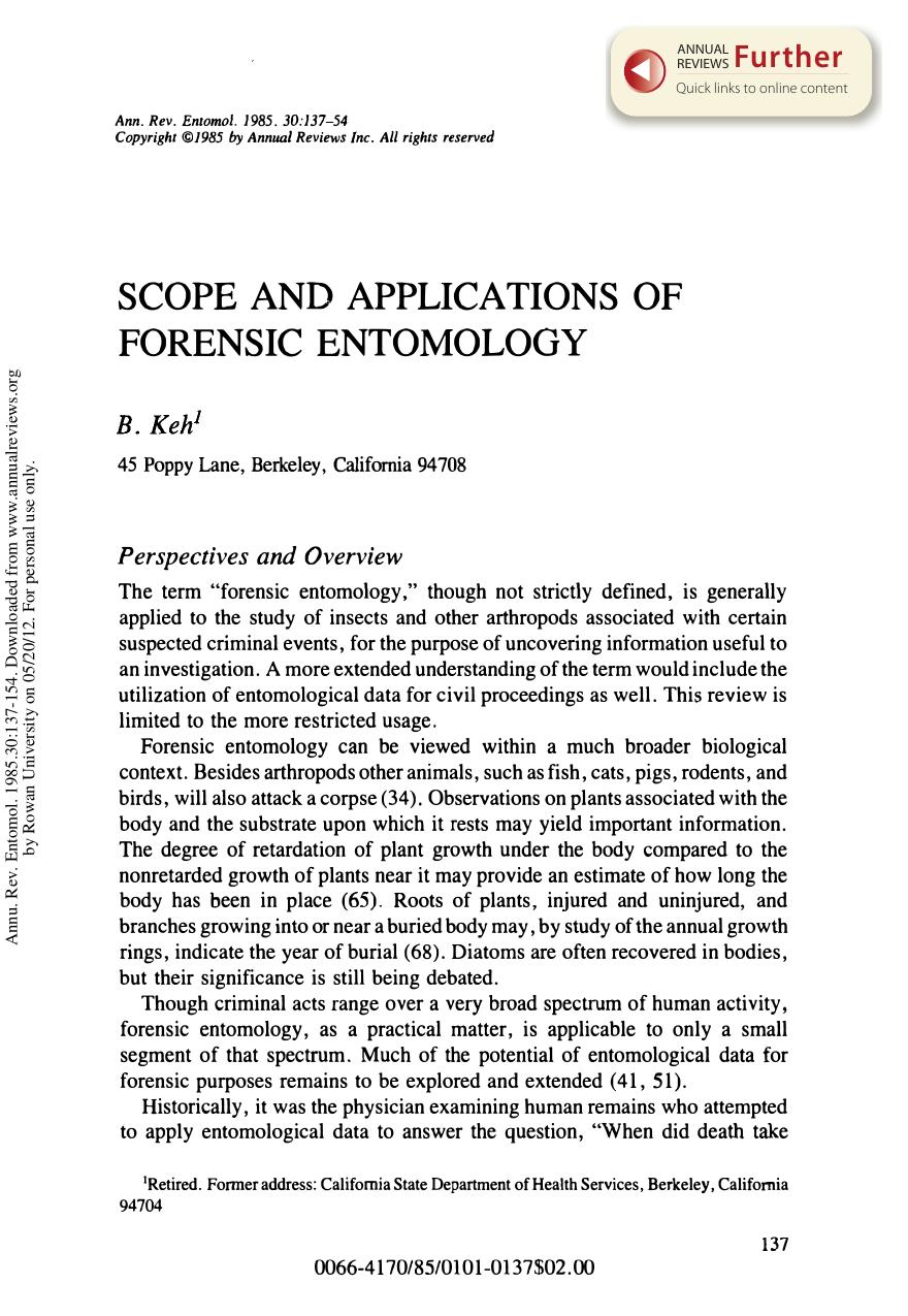 Scope and Applications of Forensic Entomology by B Keh