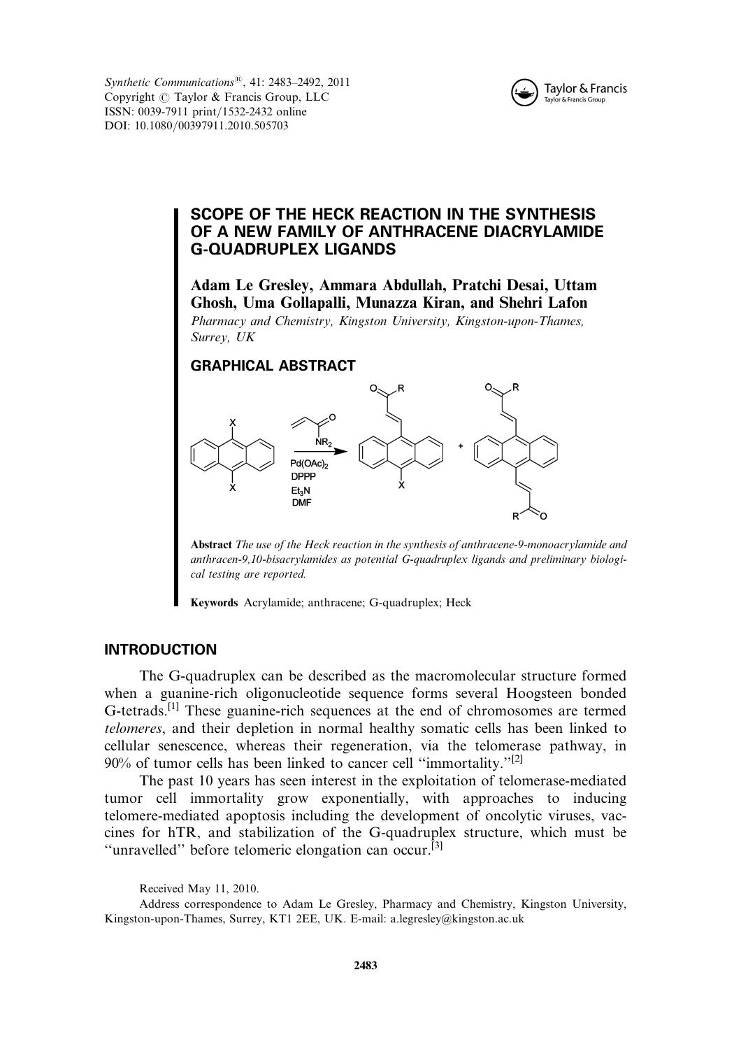 Scope of the Heck Reaction in the Synthesis of a New Family of Anthracene Diacrylamide G-Quadruplex Ligands by unknow