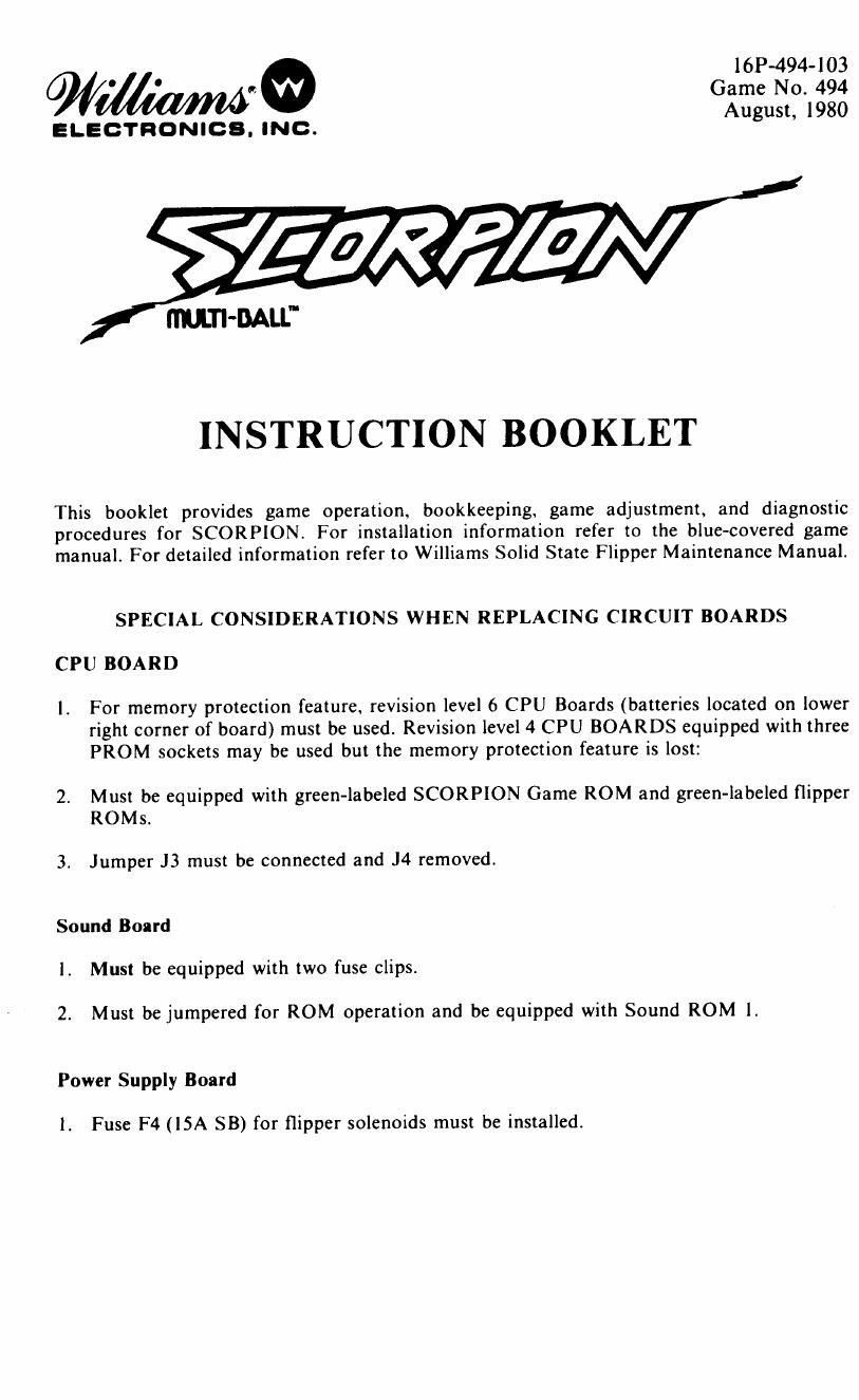 Scorpion Operators Manual by Williams Electronics Inc