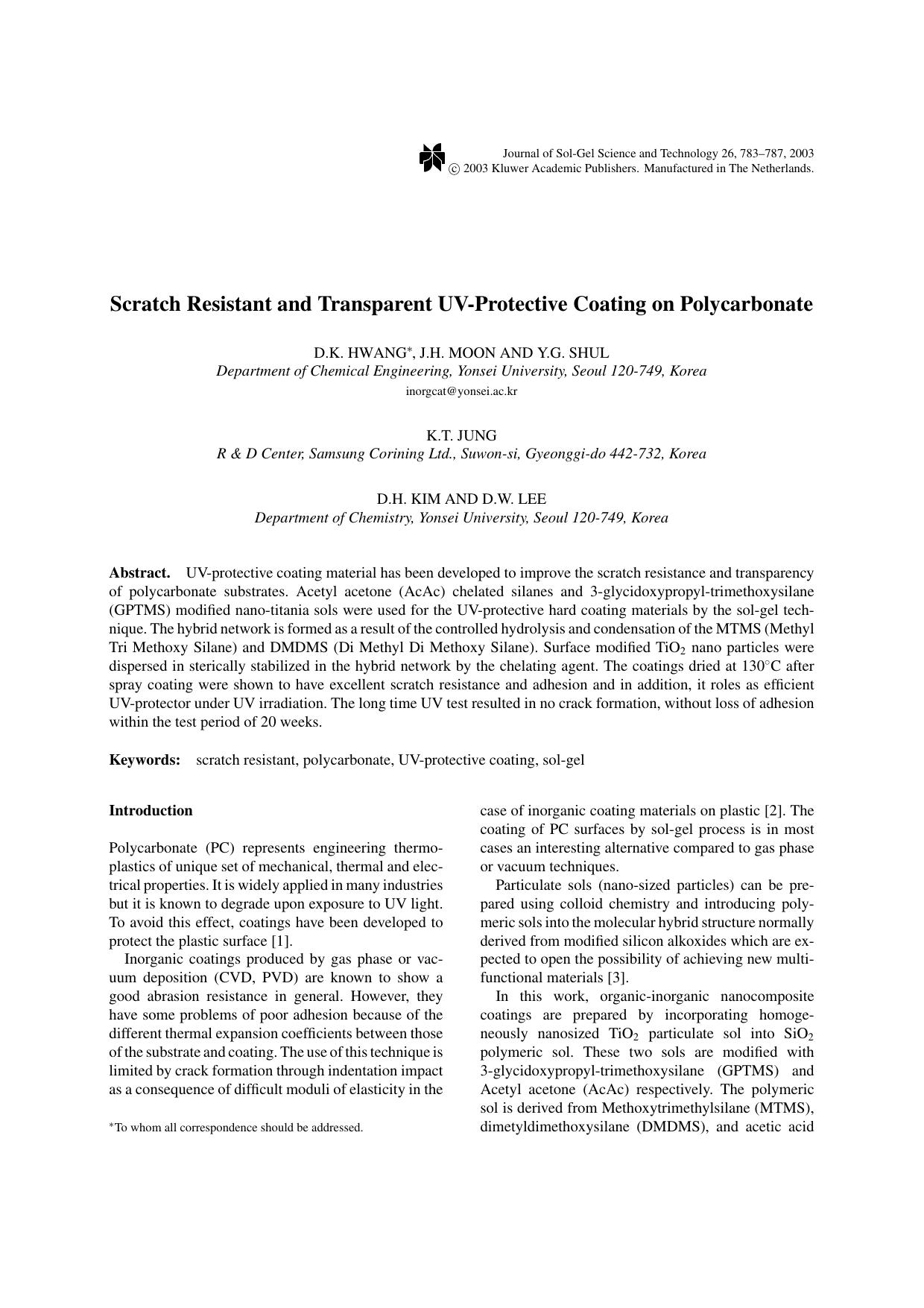 Scratch Resistant and Transparent UV-Protective Coating on Polycarbonate by Unknown