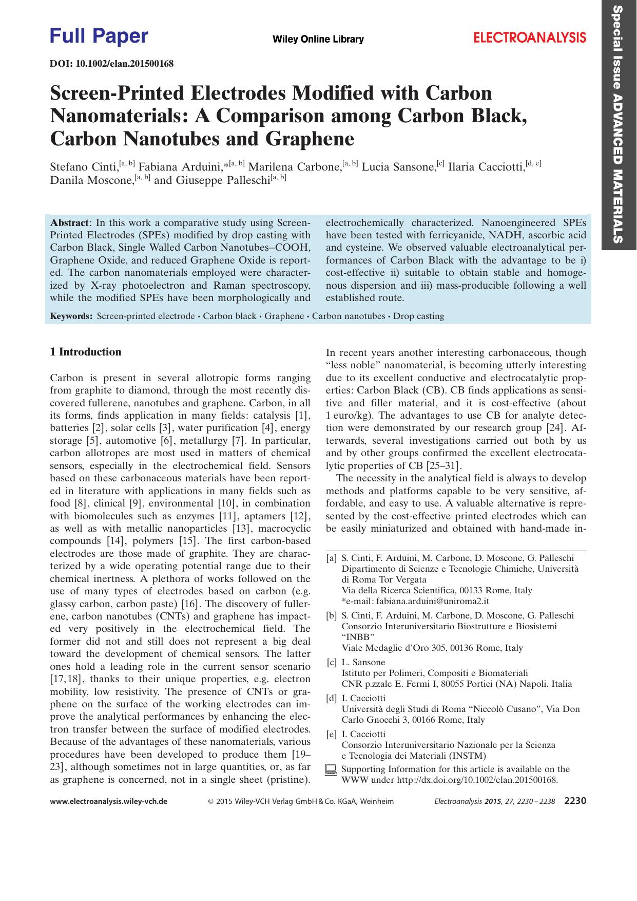 ScreenPrinted Electrodes Modified with Carbon Nanomaterials: A Comparison among Carbon Black, Carbon Nanotubes and Graphene by Unknown