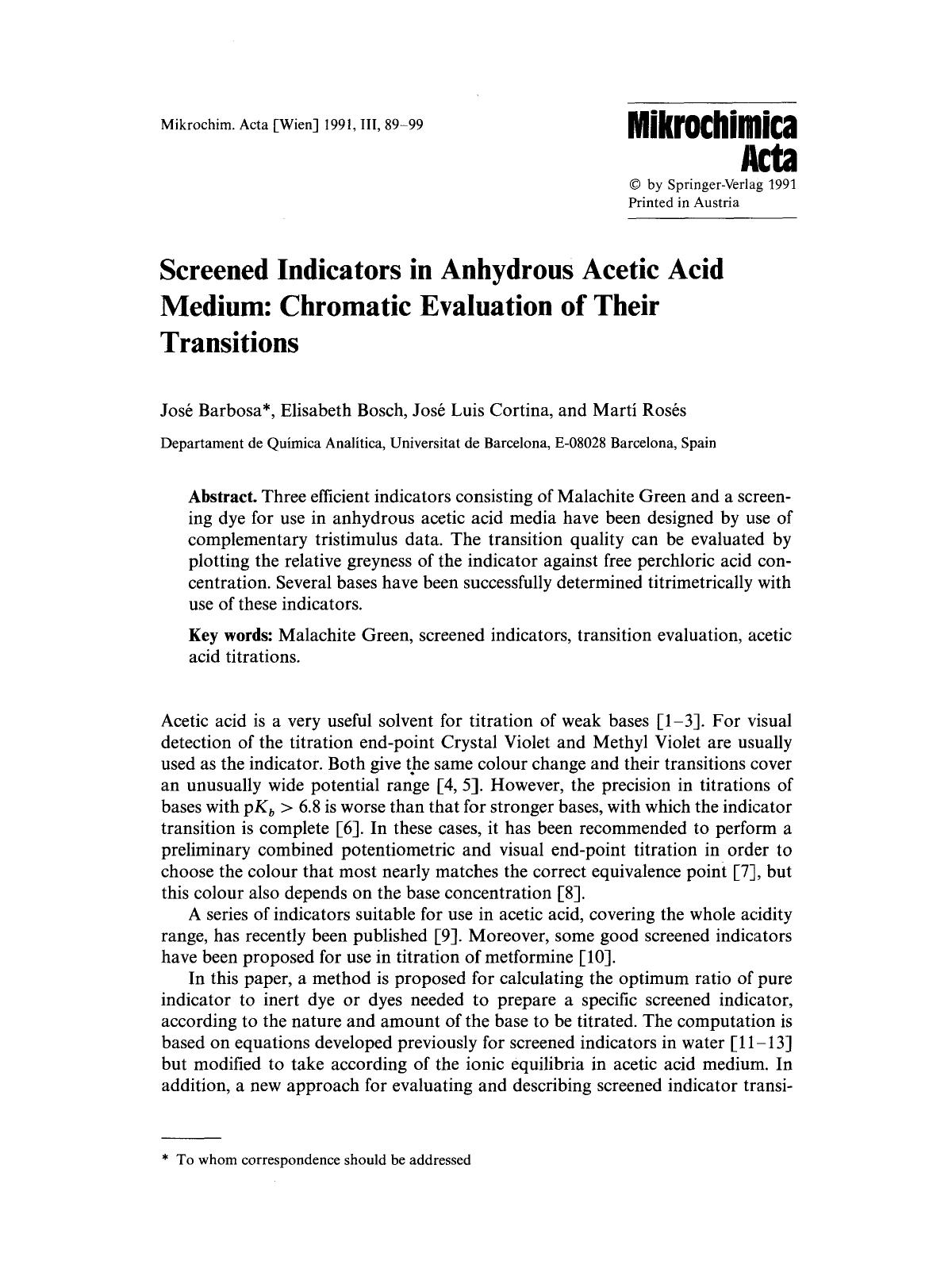 Screened indicators in anhydrous acetic acid medium: Chromatic evaluation of their transitions by Unknown
