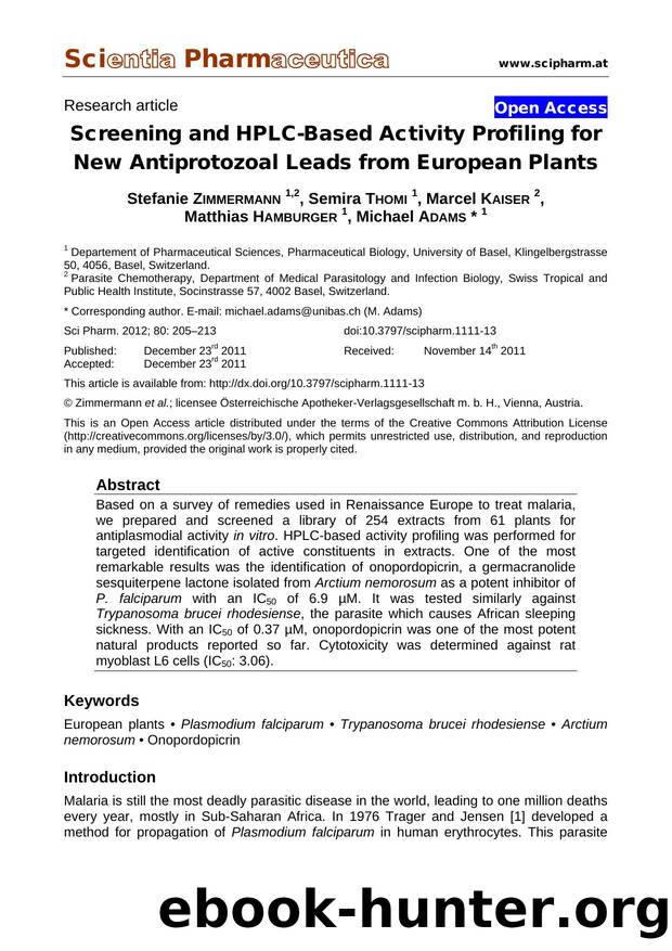 Screening and HPLC-Based Activity Profiling for New Antiprotozoal Leads from European Plants by Stefanie ZIMMERMANN Semira THOMI Marcel KAISER Matthias HAMBURGER Michael ADAMS