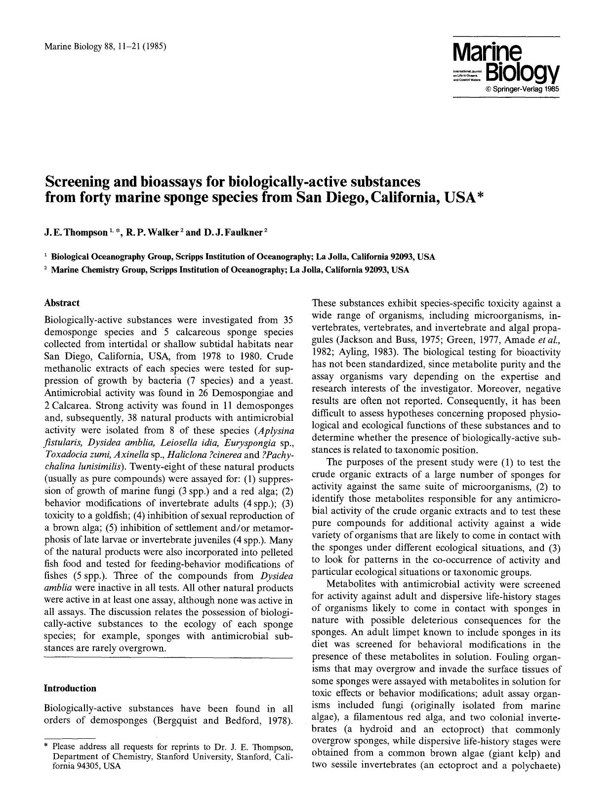 Screening and bioassays for biologically-active substances from forty marine sponge species from San Diego, California, USA by Unknown