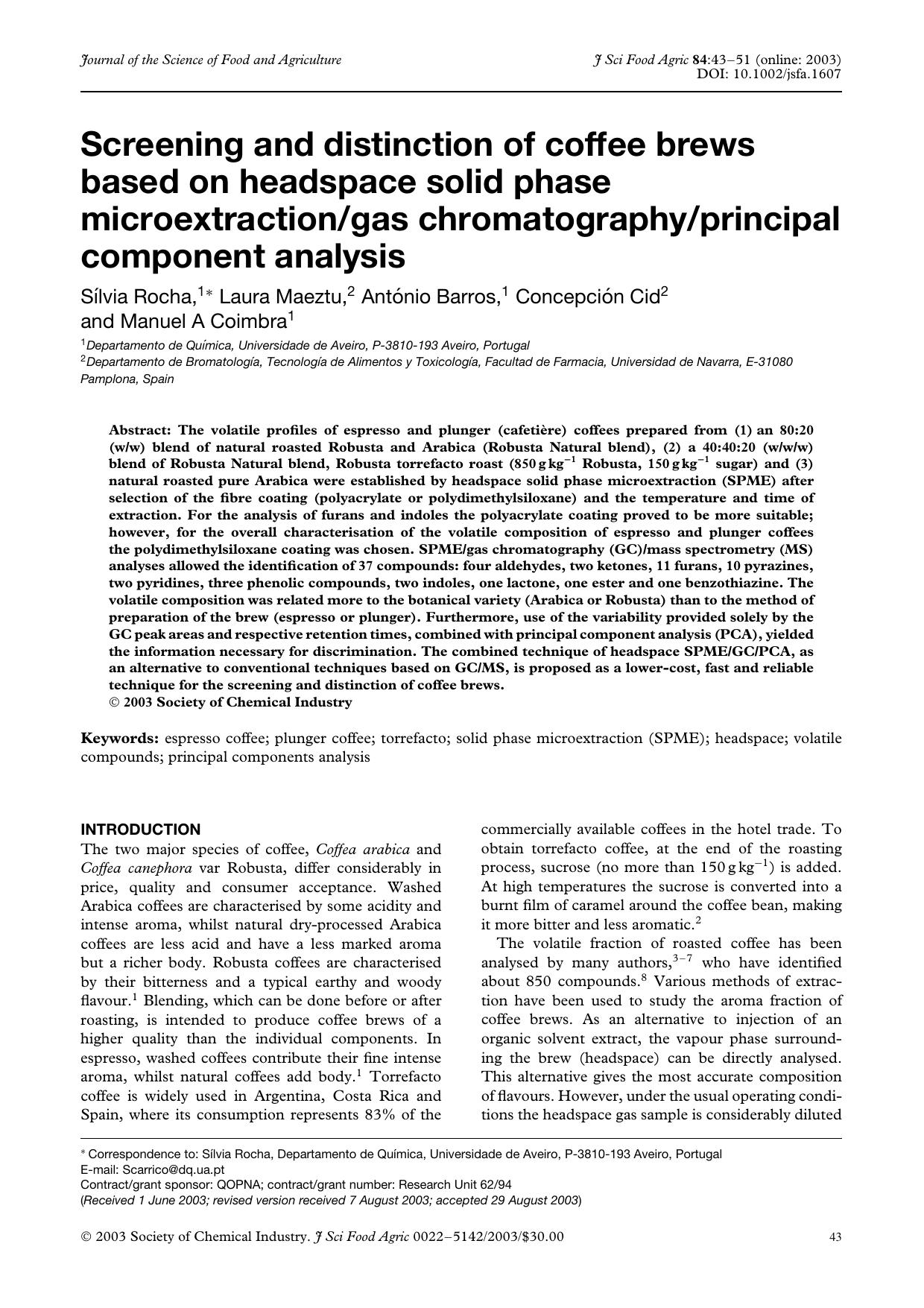 Screening and distinction of coffee brews based on headspace solid phase microextractiongas chromatographyprincipal component analysis by Unknown