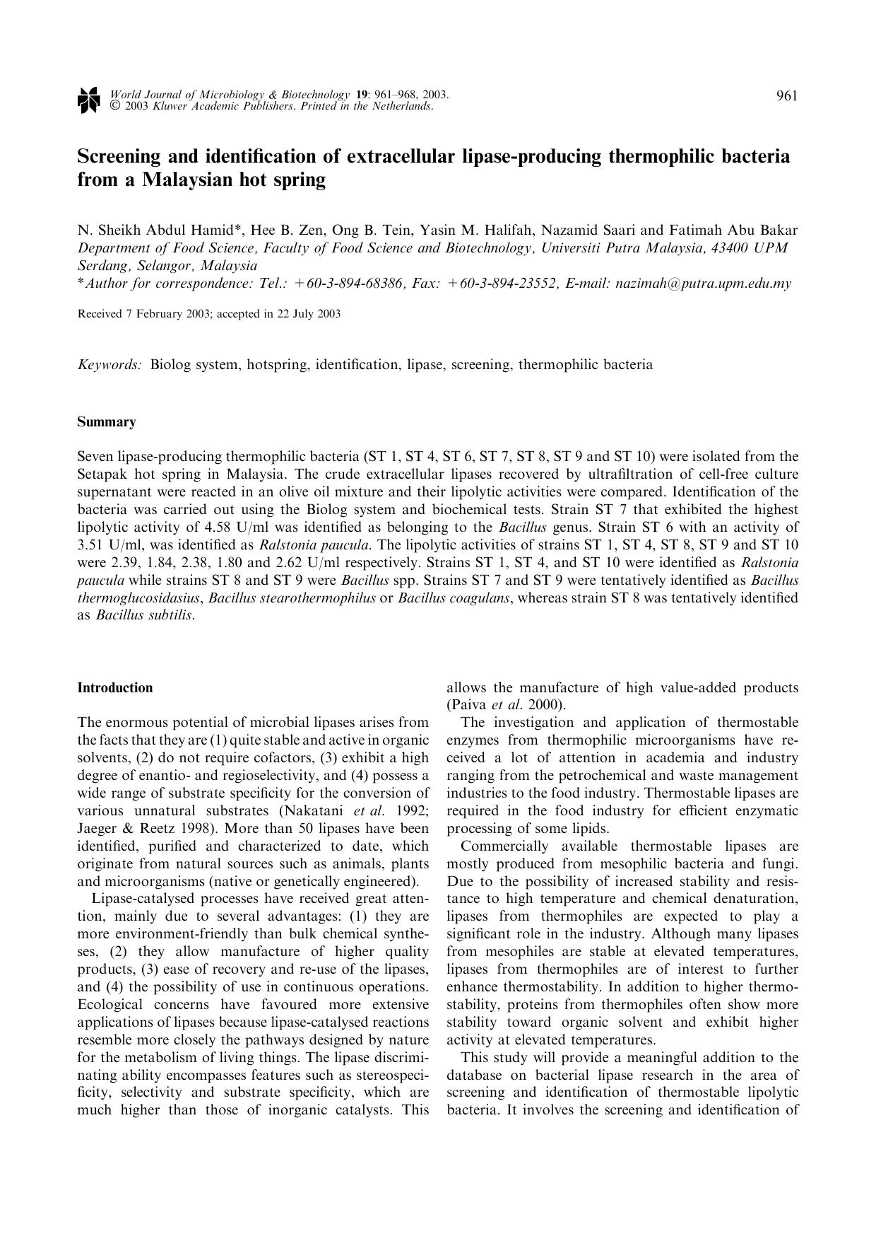 Screening and identification of extracellular lipase-producing thermophilic bacteria from a Malaysian hot spring by Unknown